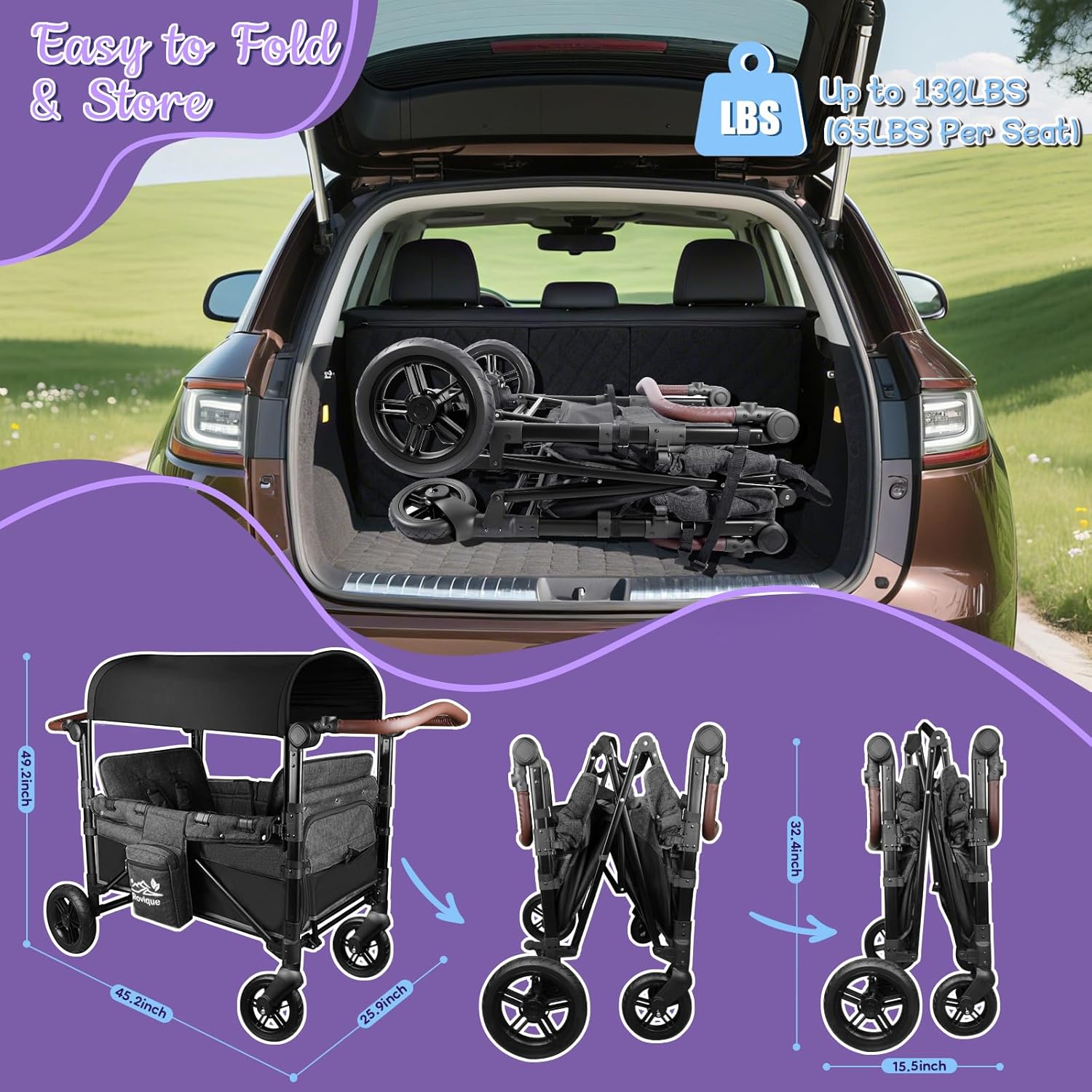 Wagon Stroller for 2 Kids, All-Terrain Stroller Wagon with Extra Long Extender, Aluminum Foldable Baby Wagon with Convertible Seats, Removable Canopy, Snack Tray, Adjustable Push/Pull Handle