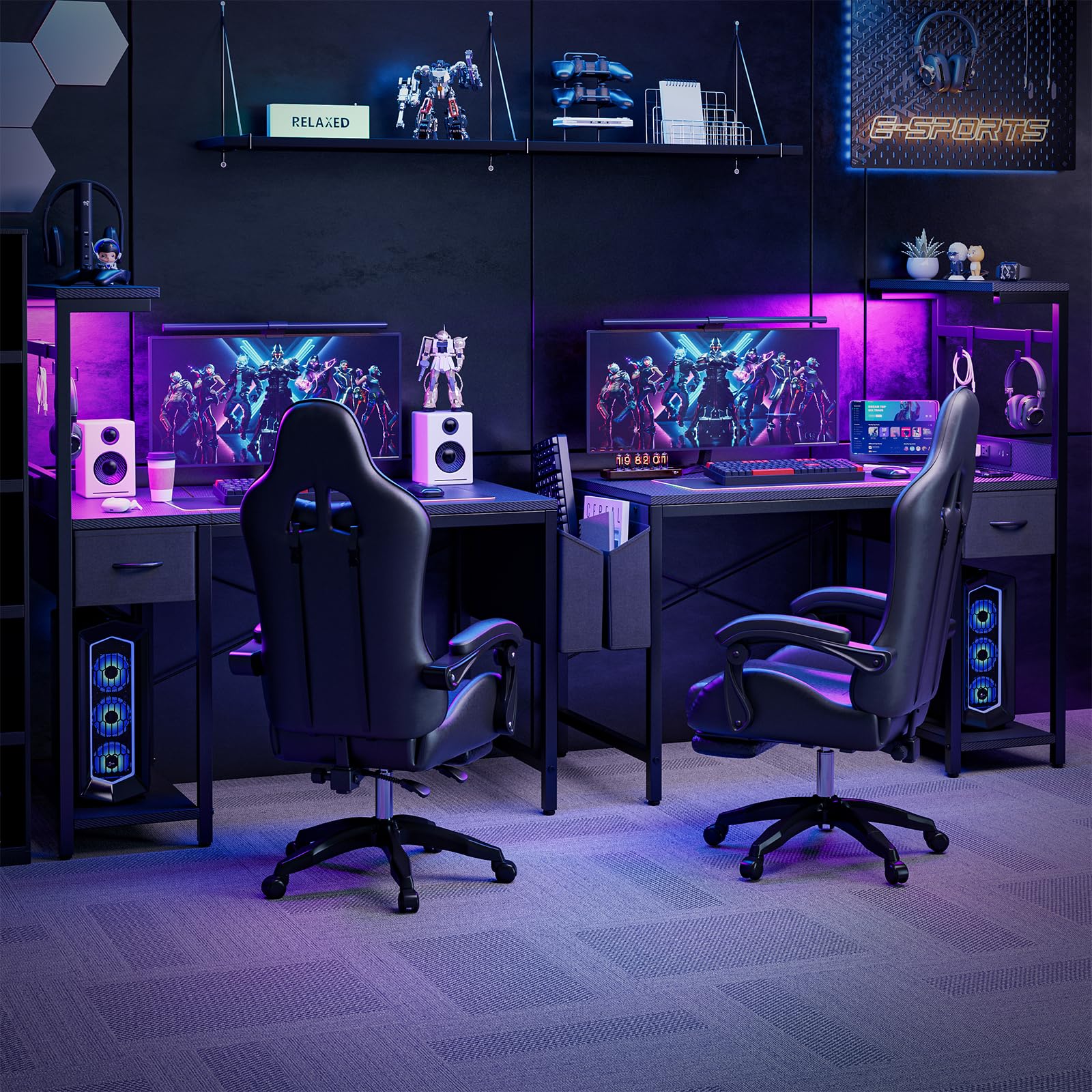 Grandder Gaming Tisch, 120x50 cm Gaming Schreibtisch mit Steckdose & LED-Beleuchtung, Computertisch mit reversiblen Regalen und Schublade, PC Tisch für Homeoffice mit Staufach, Carbonoptik Schwarz