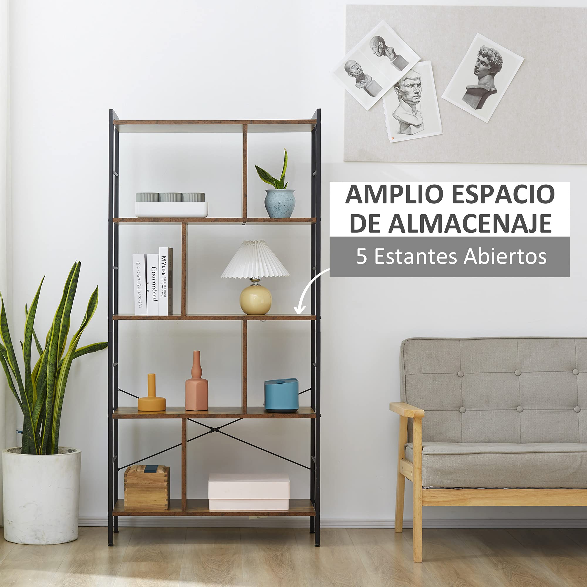 HOMCOM Estantería Librería de 4 Niveles con 8 Compartimentos de Almacenamiento Estilo Industrial para Sala de Estar Oficina Dormitorio 74x30x157,5 cm Marrón Rústico