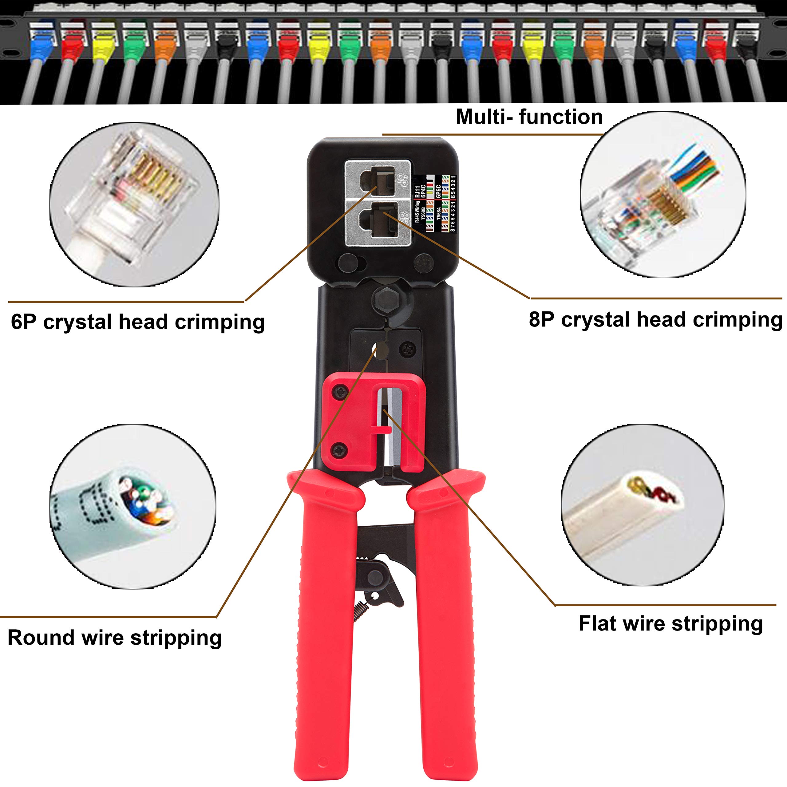 MAYLINE – Kit de sertissage professionnel RJ45 pour câble réseau – Outils de réparation d'ordinateur – Testeur de câble LAN – Cat5, Cat6, Cat7 (rouge)