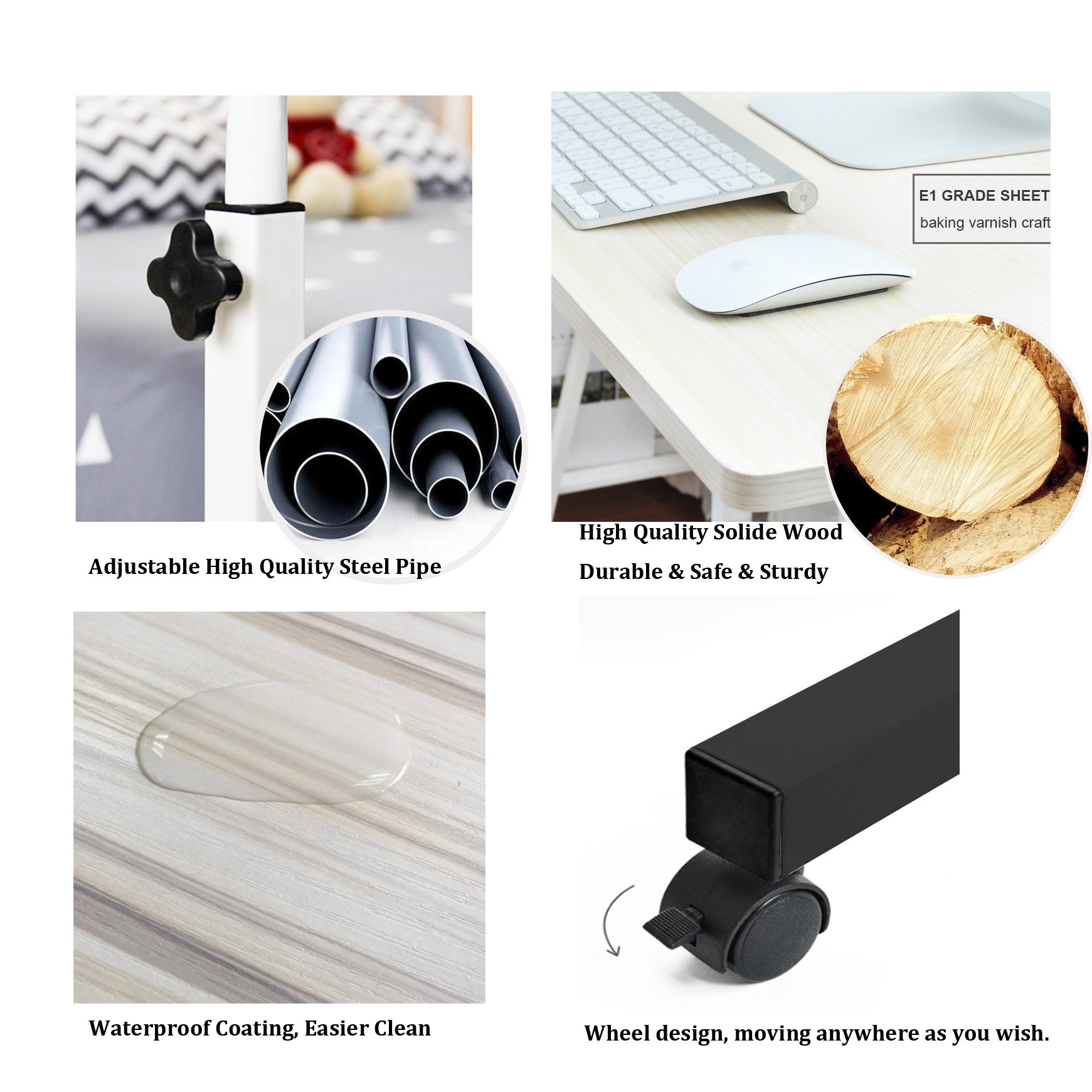 DlandHome 60 x 40 cm Tavolino Computer con Tavolino Regolabile in Altezza a Rulli con 4 Rotelle Bloccabili per Ufficio Camera da Letto,con Slot per Tablet, Acero