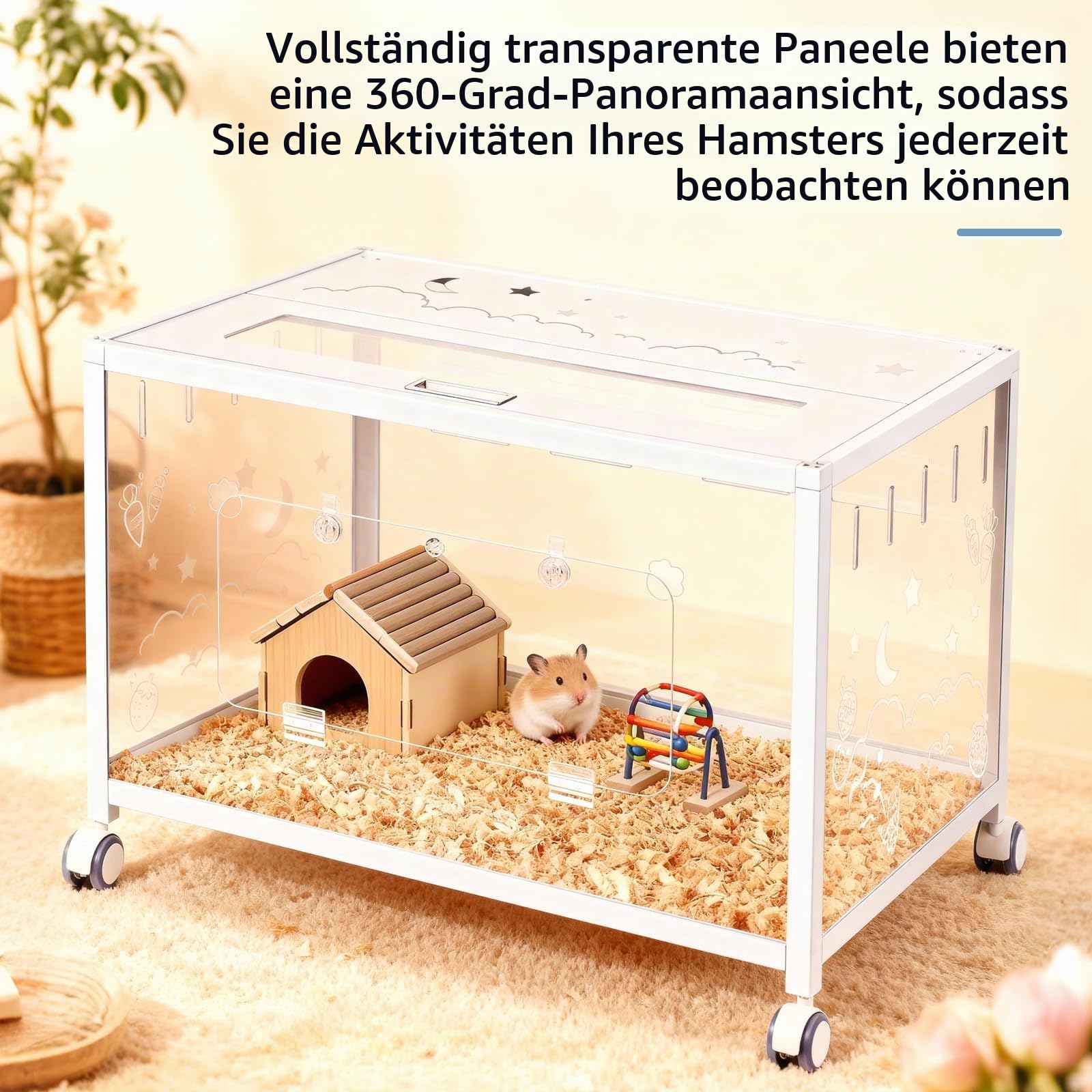 Hamsterkäfig mit Rädern, Groß Nagerkafig Rattenkäfig Kleintierkäfig, Weiß Hamsterhaus 360° Transparenz Hamster-Auslaufbereich aus Acryl Hamster Cage for Nager Mäuse, Ratten