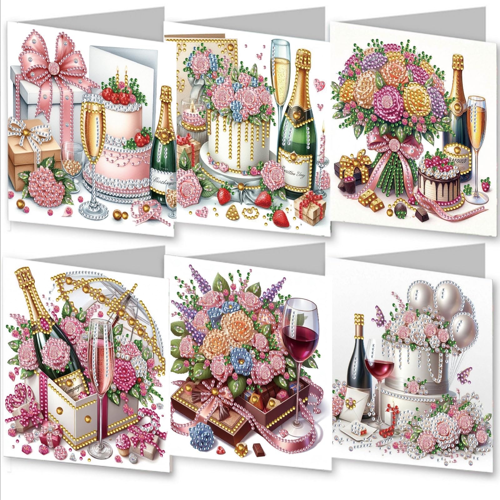 Awesocrafts Flower 6Pcs Diamond Art Christmas Cards Kits Cake, Diy Diamond Painting Cards Sets, 5D Diamond Art Cards With Envelopes, Postcards For Handmade, Xmas 30 * 15Cm (Flower)
