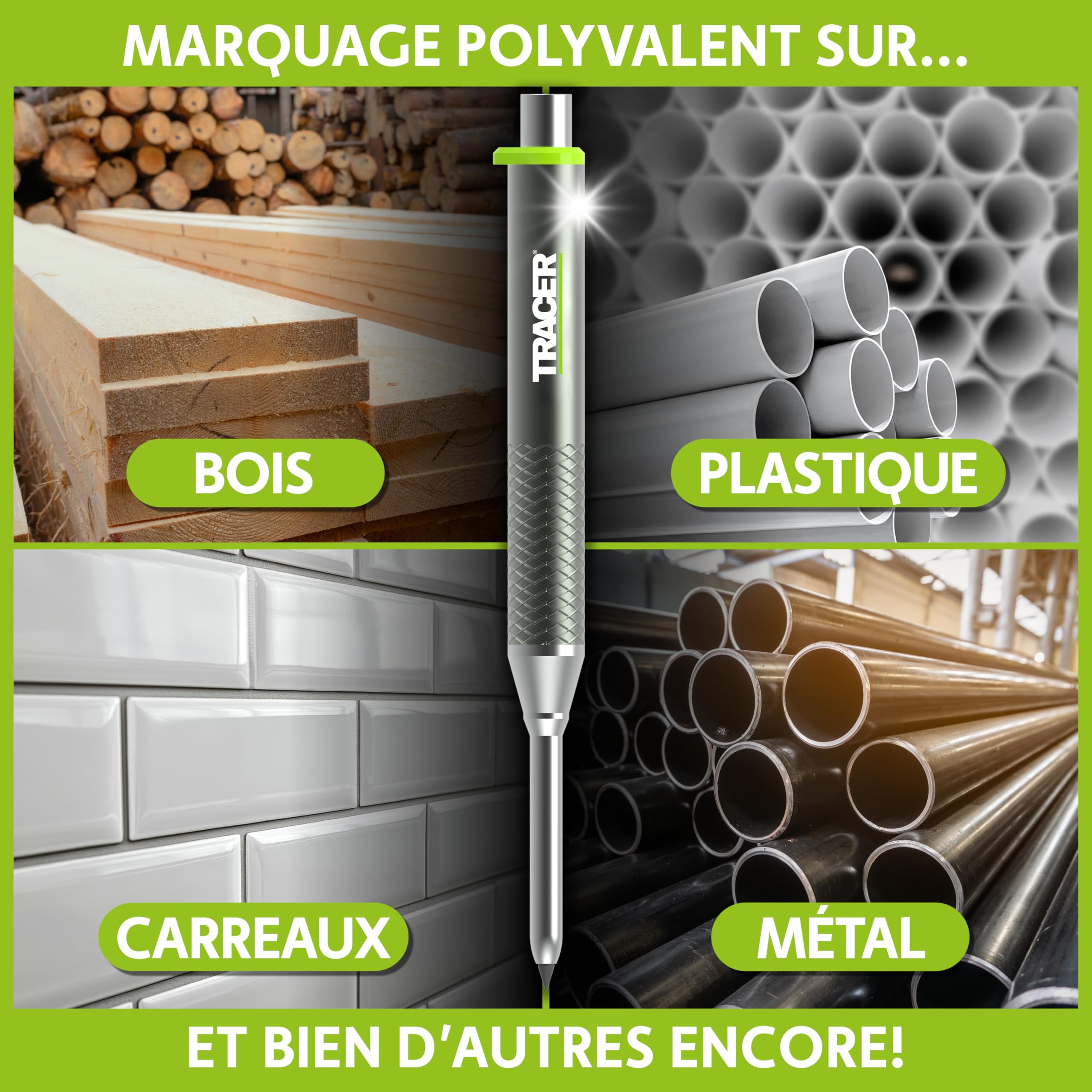 Tracer Pro Series Crayon de construction à trous profonds en aluminium avec 6 paquets de mines de rechange et étuis de chantier