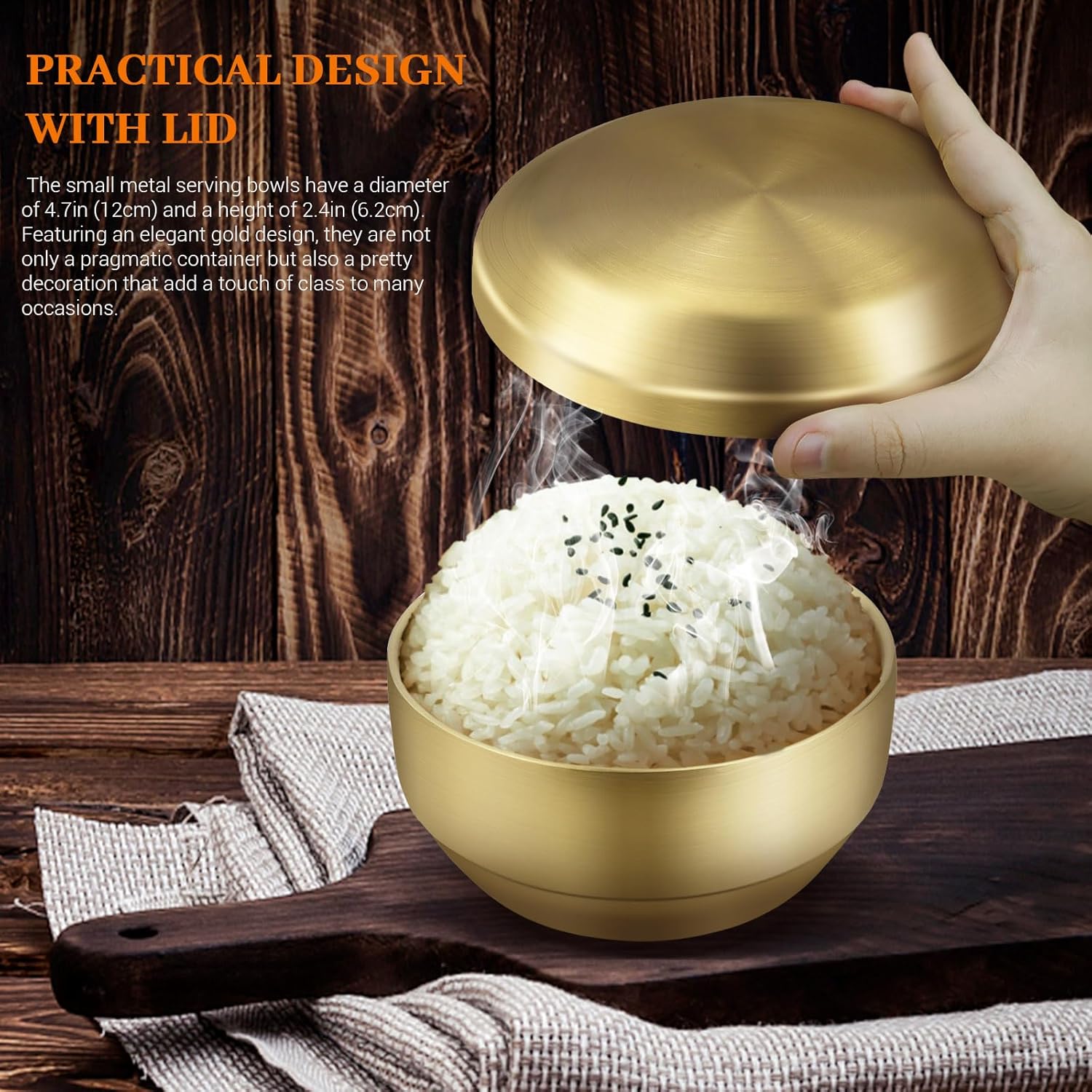 4Pcs Stainless Steel Rice Bowl with Lid 4.7In, 13 oz Double-Walled Insulated Metal Snack Bowls, Small Metal Serving Bowls, Appetizer Bowls Gold for Sauces, Noodles, Ice Cream, Oat, Cereal (4)
