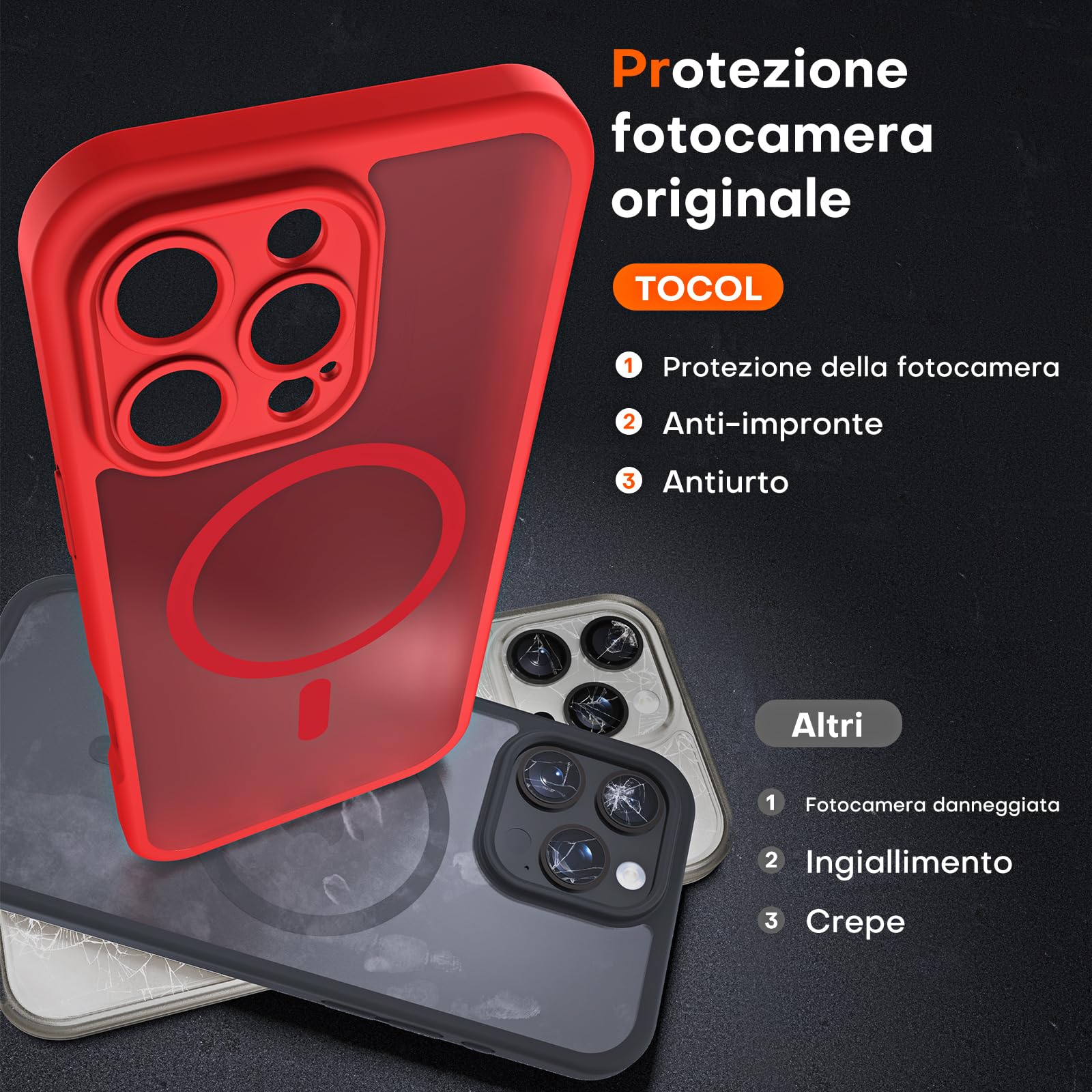 TOCOL Cover Magnetica per iPhone 16 Pro Max 6,9 Pollic, Compatibile con MagSafe, Protezione Fotocamera Integrata, Custodia Antiurto Traslucida Opaca, Rosso
