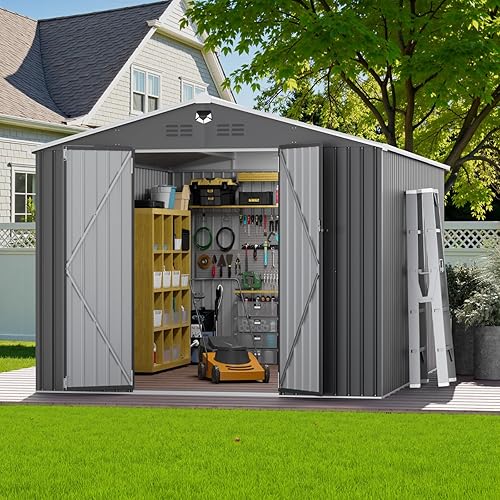 10x14 FT Outdoor Storage Shed, Metal Garden Shed - Tool Storage Sheds with Lockable Doors, Waterproof Outside Storage Building for Backyard, Patio (Black; Floor Not Included)