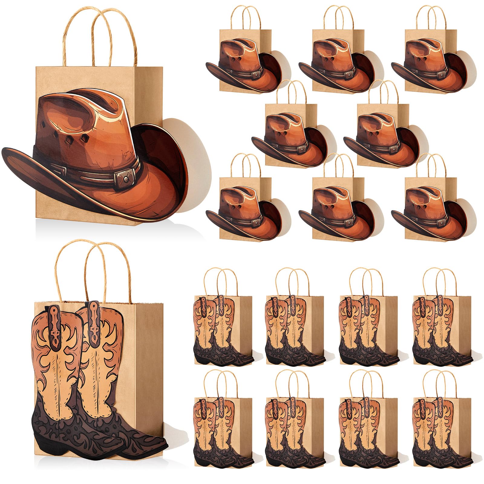 Kolldenn 16 Pcs Western Theme Party Favors Bags: Cowboy Boots & Hats Gift Paper Bags for Cowboy Western Birthday Party, Bachelorette & More