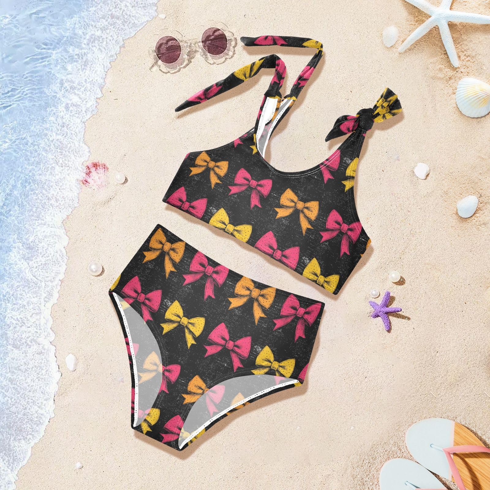 Yellow Red Bow Pattern Girls Two Piece Tankini Swimsuits Summer Bathing Suit Beach Swimwear Set, 11-12T