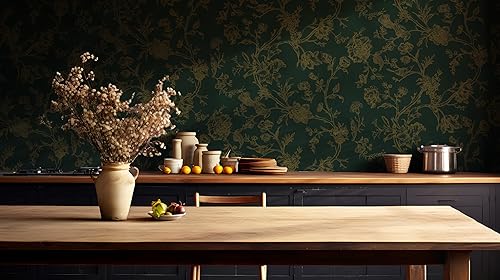 Miniatura 7 de Safiyya Papel tapiz de contacto dorado y verde oscuro, diseño de pájaros florales, despegar y pegar, extraíble, papel tapiz bohemio, papel de