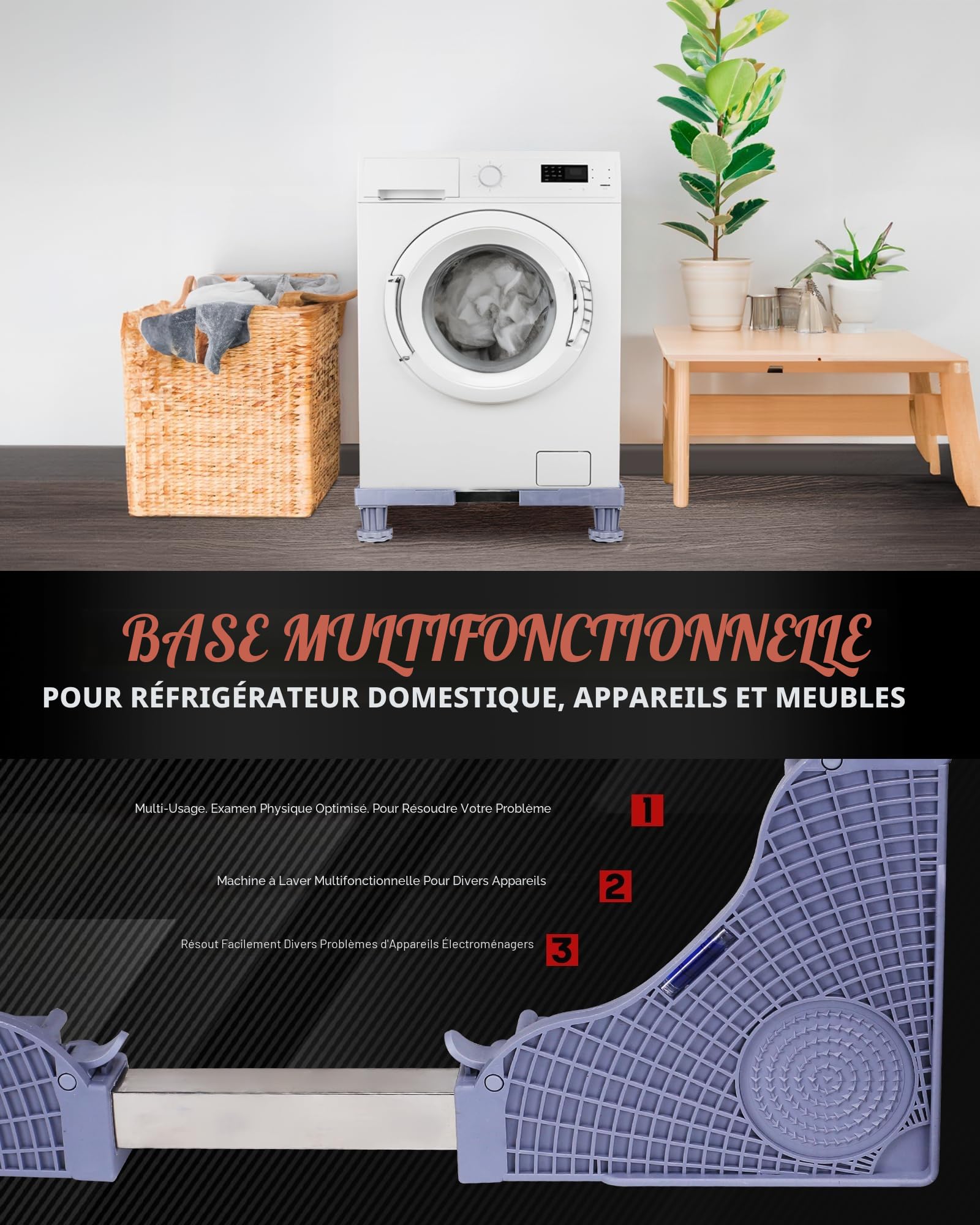 Support Machine à Laver Réglable 43-61cm, Pieds Antivibration pour Réfrigérateur, Rehausseur Universel avec Kit de Superposition Lave-Linge Sèche-Linge