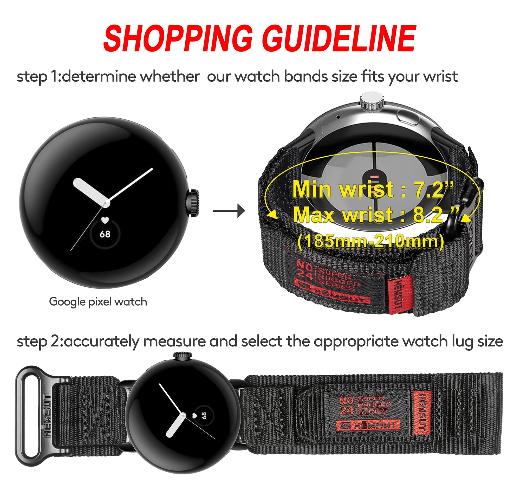 SMITHA Compatible with Google Pixel/Pixel 2 /Pixel 3 41mm Watch, NOT FOR Pixel 3 45mm, Hoop and Loop Watch Band, Military Strap for Google Smart Watch