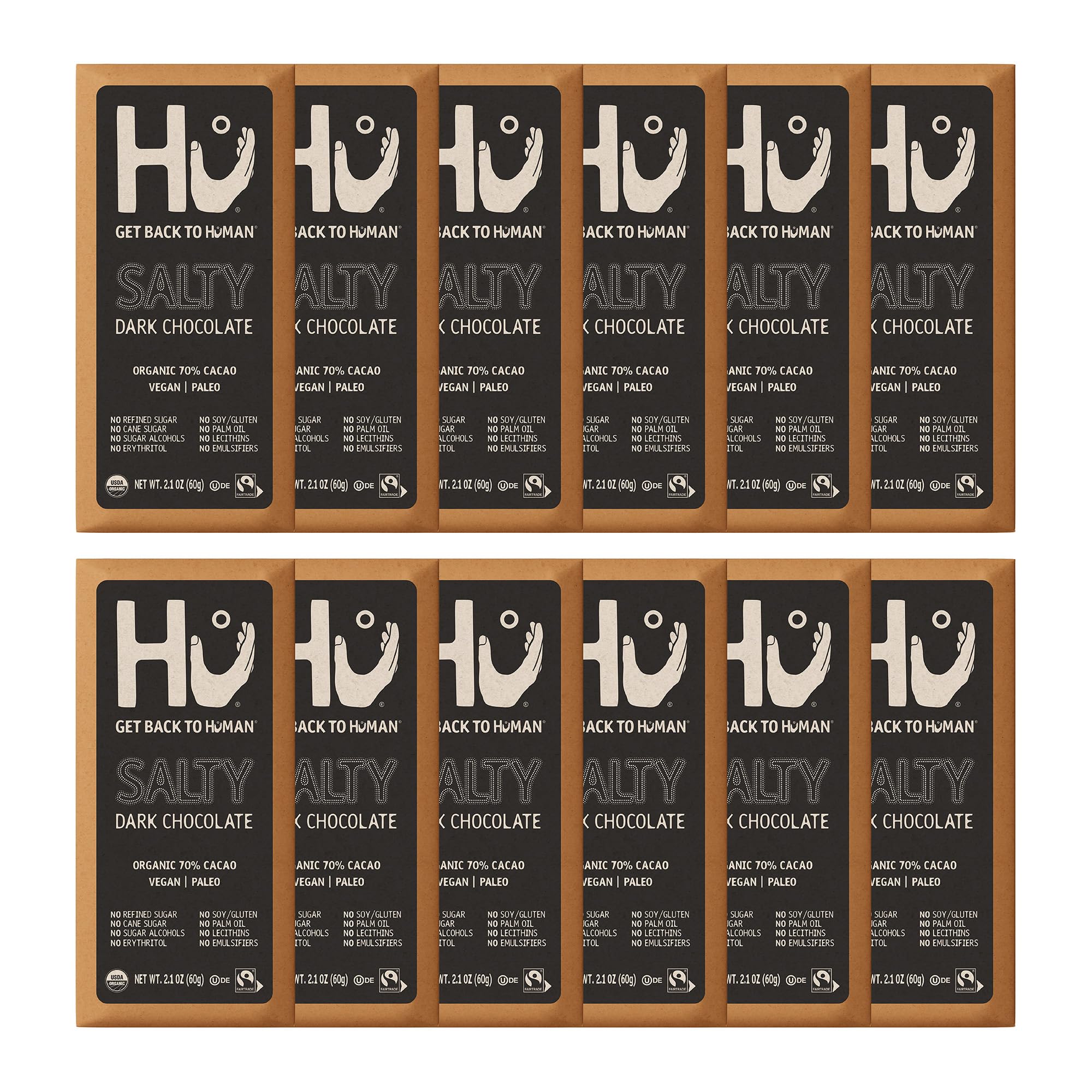 Hu Chocolate Bars | 12 Pack Salty Chocolate | Natural Organic Vegan, Gluten Free, Paleo, Non GMO, Fair Trade Dark Chocolate | 2.1oz Each