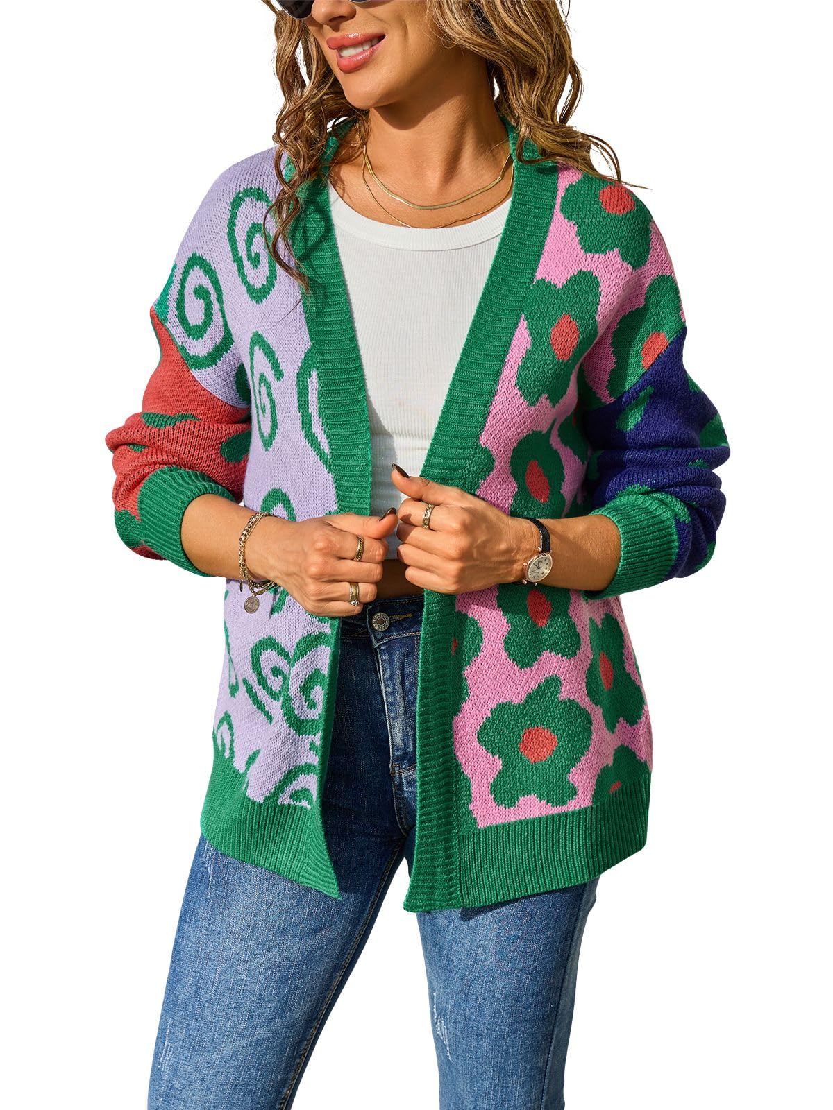 ebossy Womens Fashion Color Block Floral Print Open Front Long Sleeve Slouchy Sweater Cardigan Coat