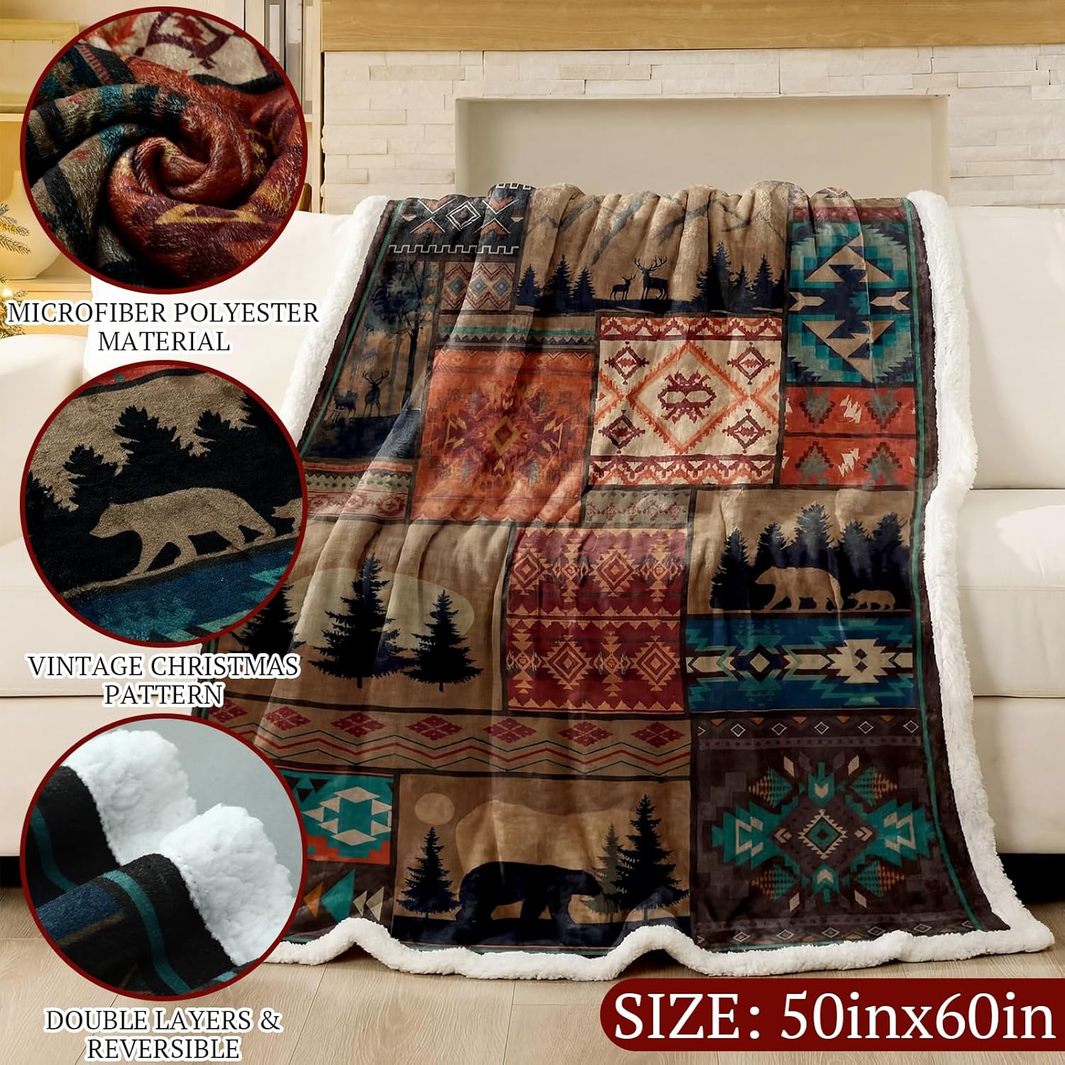 Hahafelt Cabin Flannel Throw Blanket Sherpa Fleece Thick Throws Winter Patchwork Blanket Holiday Soft Warm Gift Cozy Farmhouse Home Decoration for Couch Bed Sofa 50"x 60"