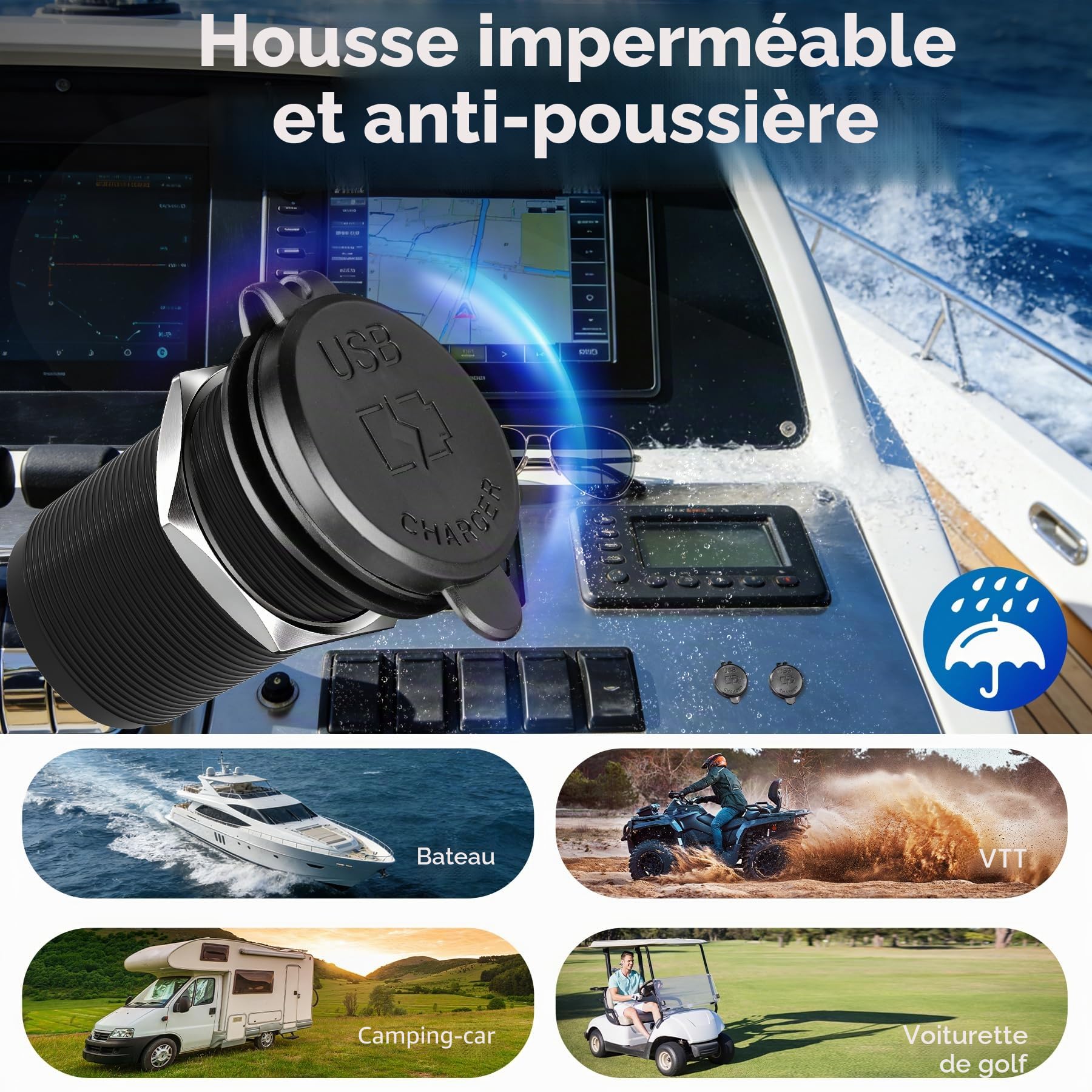 acegoo Prise USB 12V 100W PD3.0 et 20W PD, Camping-Car Voiture Aluminium Ordinateurs Portables USB-C Chargeur, Etanche Charge Rapide pour Bateau Marine Camion Caravane, 1 pièce