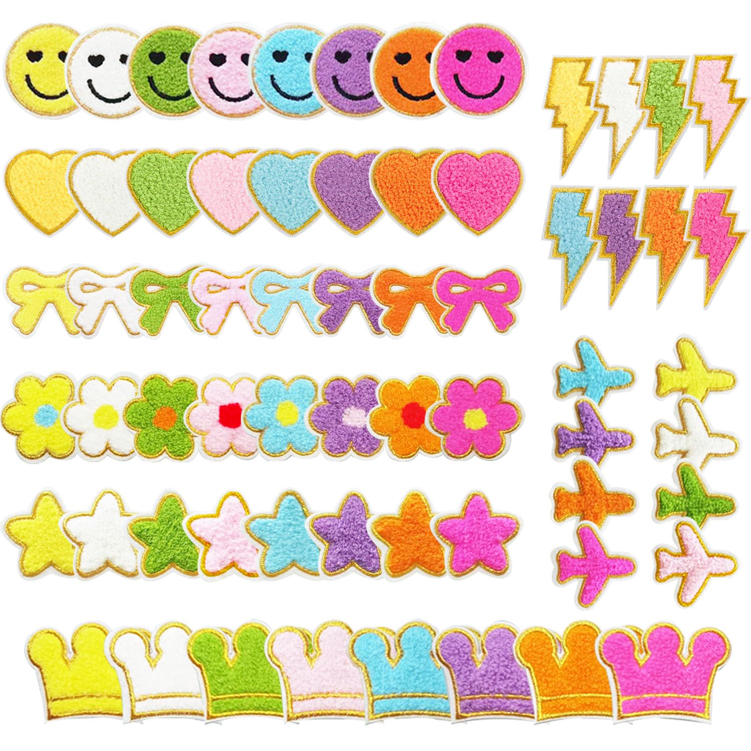 mancyz Chenille Patches, 64 Pieces, Rainbow Smiley Face Heart Star Crown Design, Iron-on Embroidered Appliques, 2-3 Inches — image 1