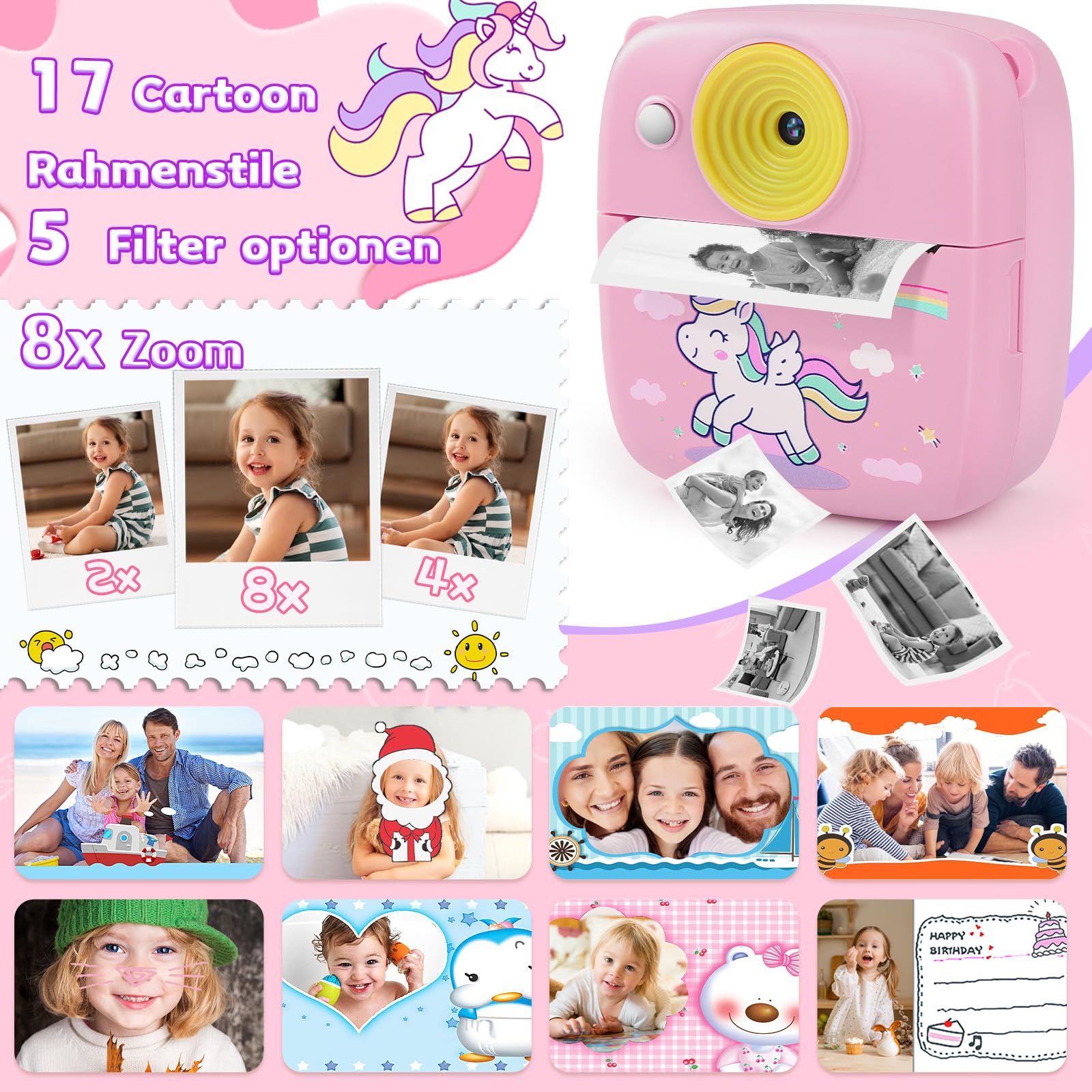 Dhapy sofortbildkamera Kinder, 48MP Kinderkamera Sofortbildkamera mit Druckpapier & 32 G TF Karte, 1080P Digitalkamera Kinder, Geschenke für Jungen und Mädchen 3 4 5 6 7 8 9Jahre Rosa