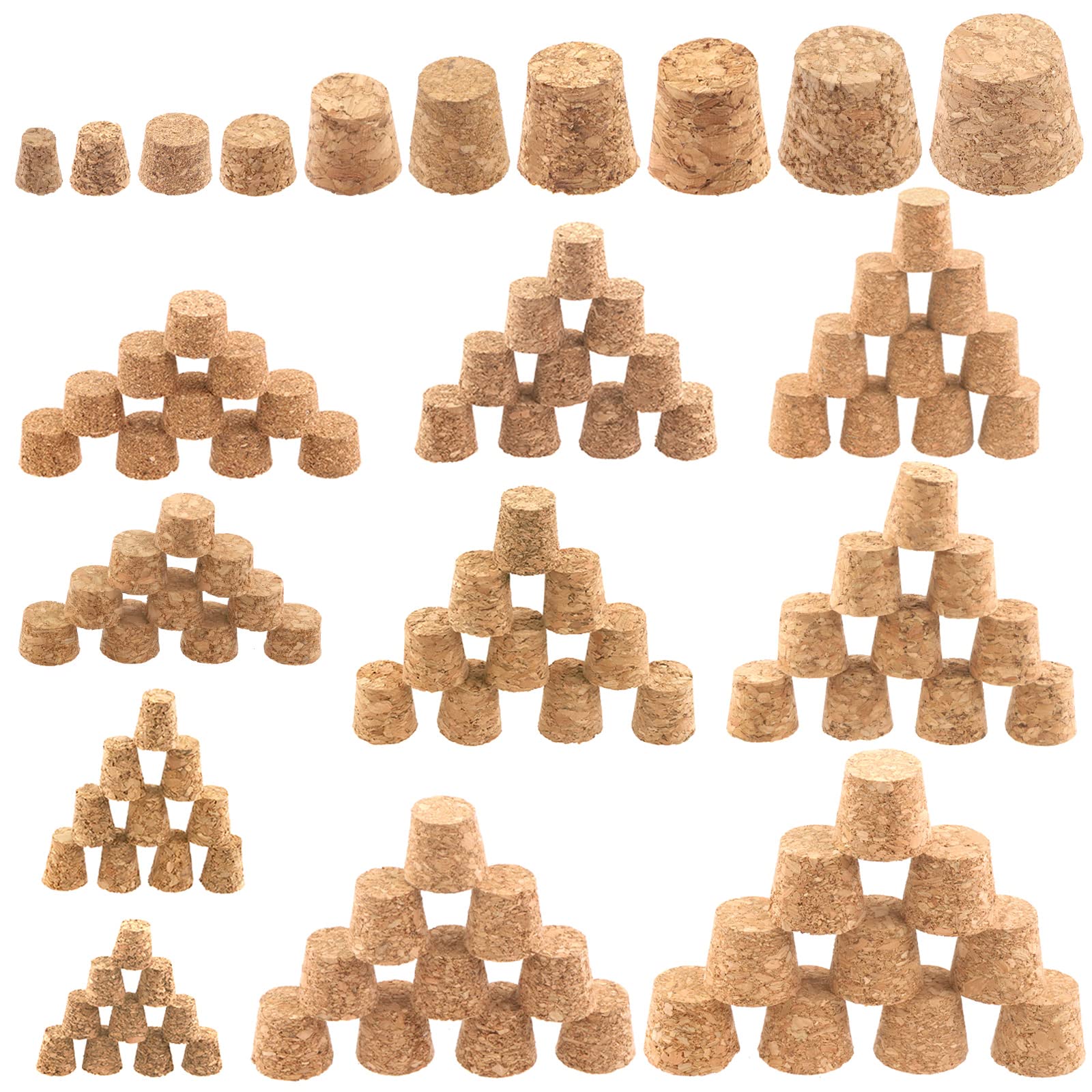 Keadic 200 Pcs 10 Sizes Wooden Tapered Cork Plug Assortment Set Natural Soft Wood Corks Small Cone Shaped Bottle Stoppers for Wine Beer Glass Bottle and DIY Craft Project (8.5mm-25mm)