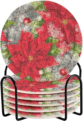 innewgogo Christmas Poinsettia Flower 6 Pcs Absorbent Drink Coasters for Tabletop Protection Handmade Round Woven Coaster with Holder & Heat Water disponible en Yaxa Venezuela