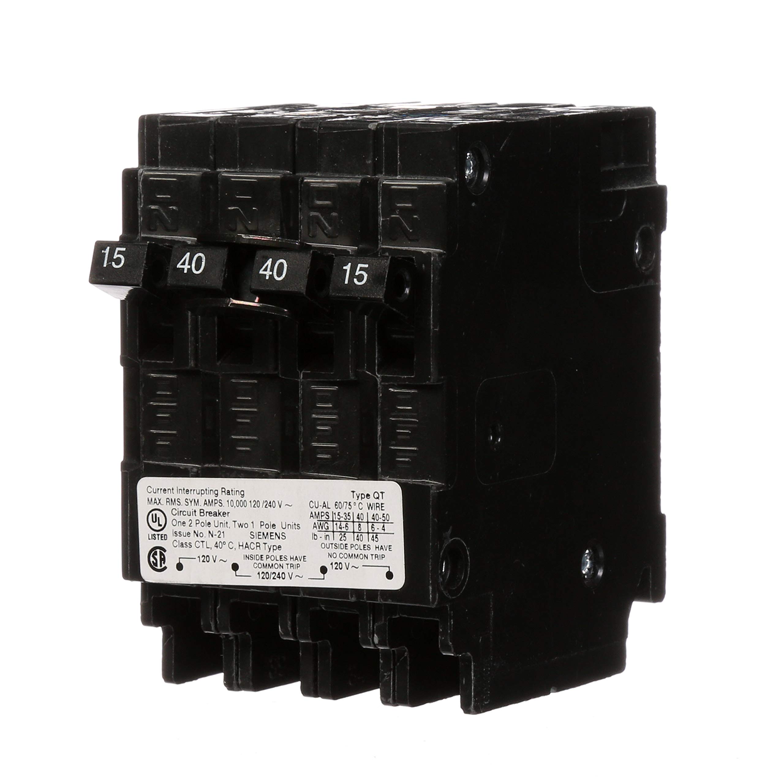Siemens 40 Amp Double-Pole and (2) 15 Amp Single-Pole Type QT Triplex Circuit Breaker