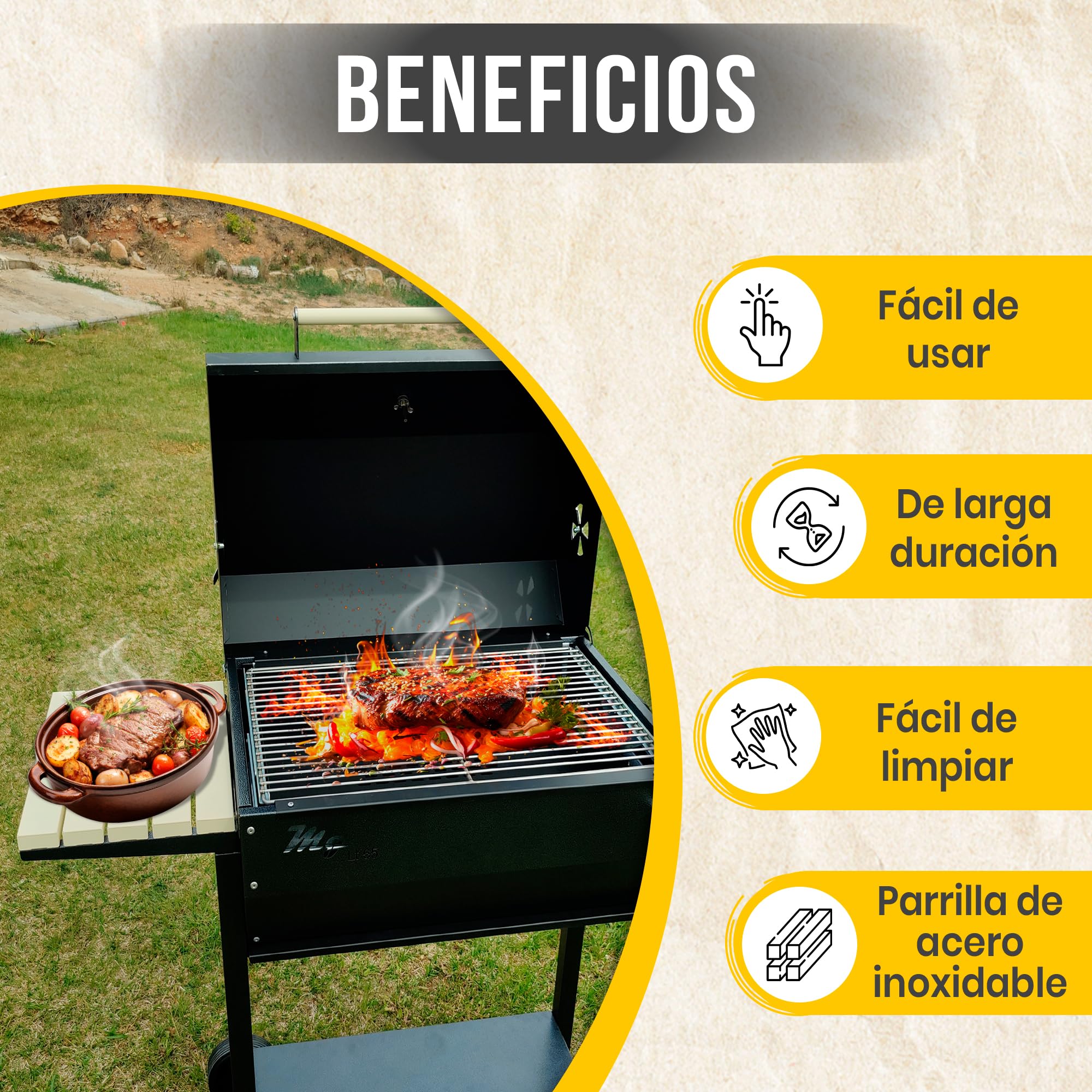 MG- Barbacoa Carbon, bbq, Asador con Tapa para Ahumar o Asar, Barbacoas de carbon y leña con Parrilla Elevable de acero inoxidable, Prepara Carnes, Pescados y Verduras a la Parrilla o al Horno.