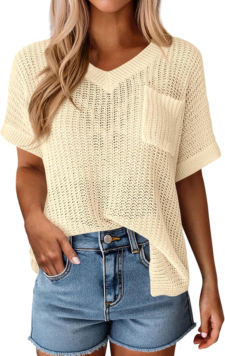 PRETTYGARDEN Women's 2026 Spring Short Sleeve Sweaters Lightweight V Neck Casual Going Out Summer Tops Beach Vacation Clothes