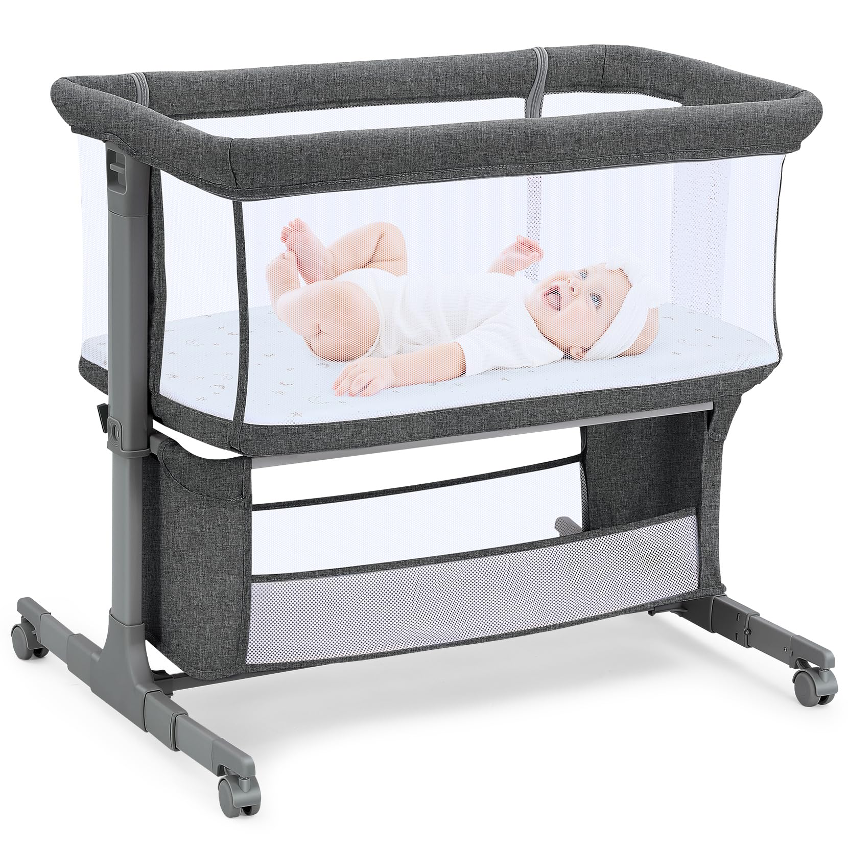 Growaystory Beistellbett Baby Bettseitiger Bassinet für Neugeborene Tragbarer Baby Bett mit Rädern Aufbewahrungskorb Matratze 7-Fach Höhenverstellbar Zustellbett