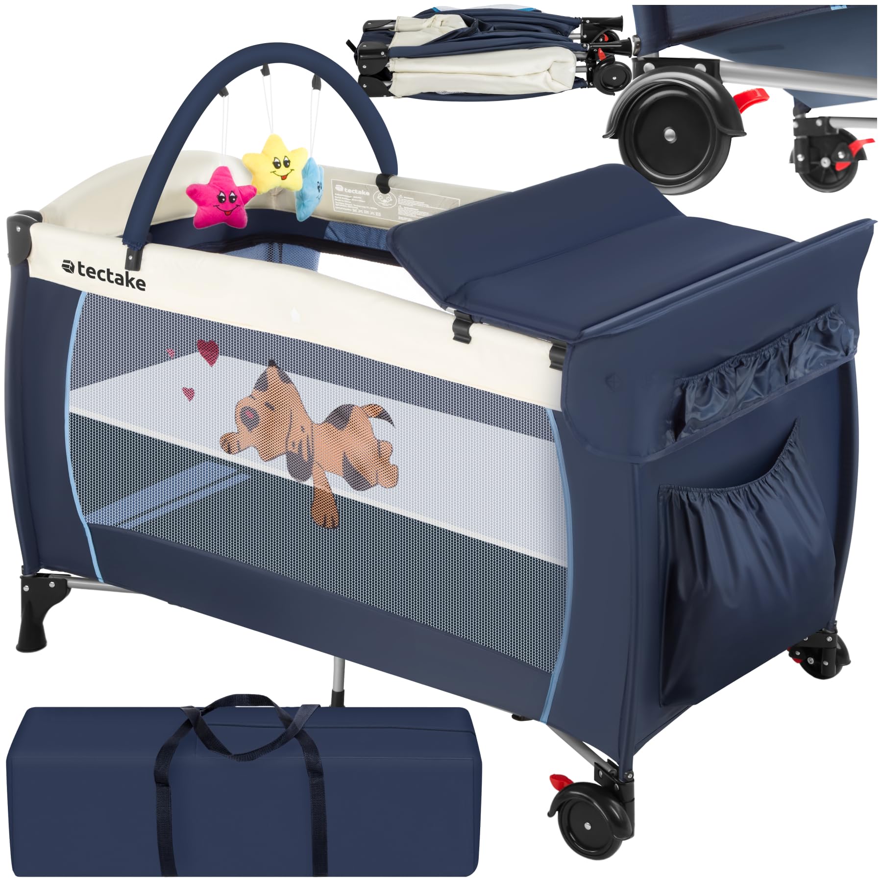 tectake® Folding Travel Cot with Changing Mat & Side Pocket, Baby Cot with Two Wheels, Bed Insert, Breathable Mesh Sides & Play Arch, Portable Baby Bed, Incl. Carry Bag, From 0-36 Months - Blue
