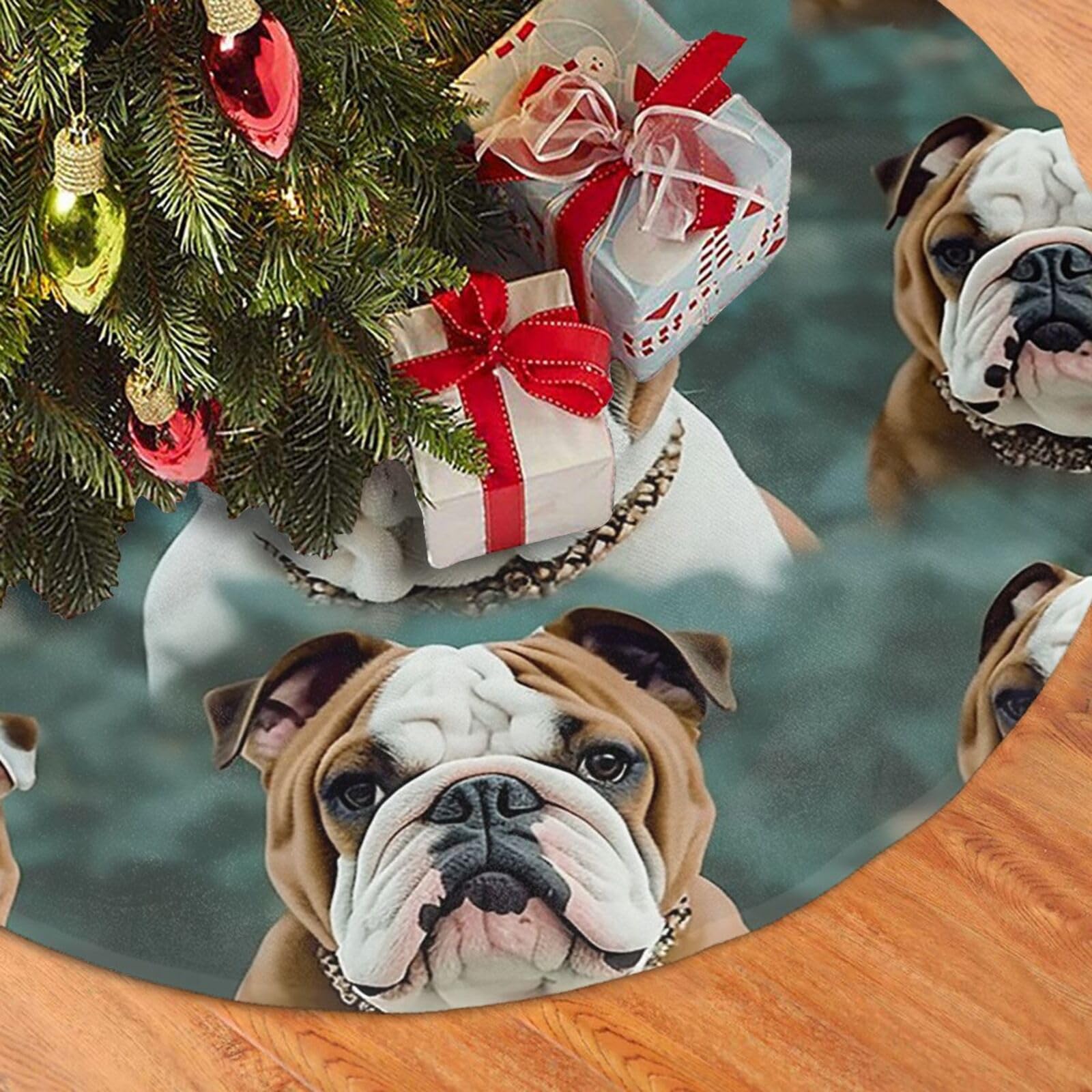 Fodpand Black Funny English Bulldog Christmas Tree Skirt 48" Velvet Xmas Tree Skirt Mat Rustic Christmas Tree Mat Cover Winter Xmas Tree Collar For Indoor Outdoor Christmas Decorations