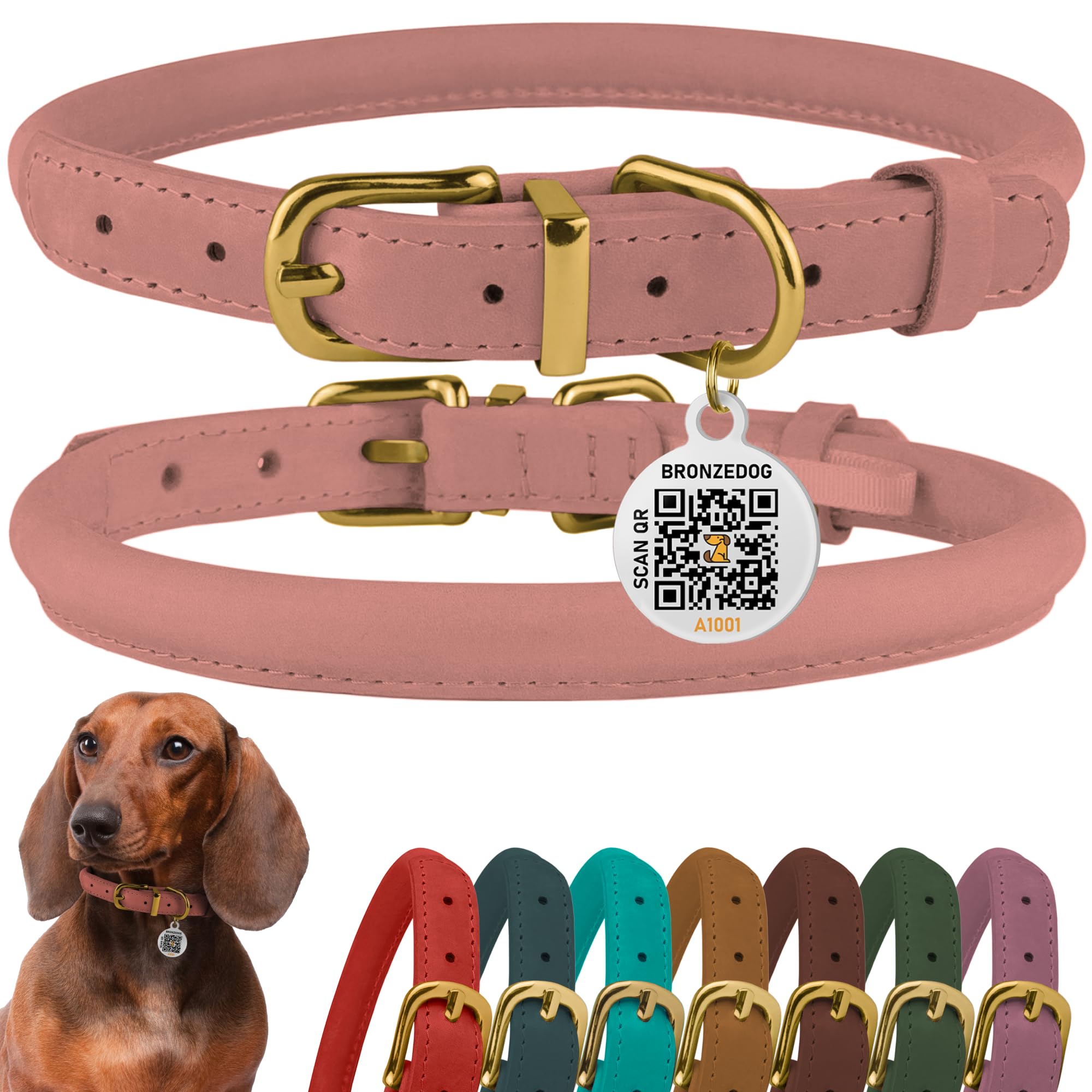 BronzeDog Rolled Leather Dog Collar with QR ID Tag, Adjustable Soft Round Collars for Small Medium Large Dogs Puppy (16" - 19" Neck Size, Blush)