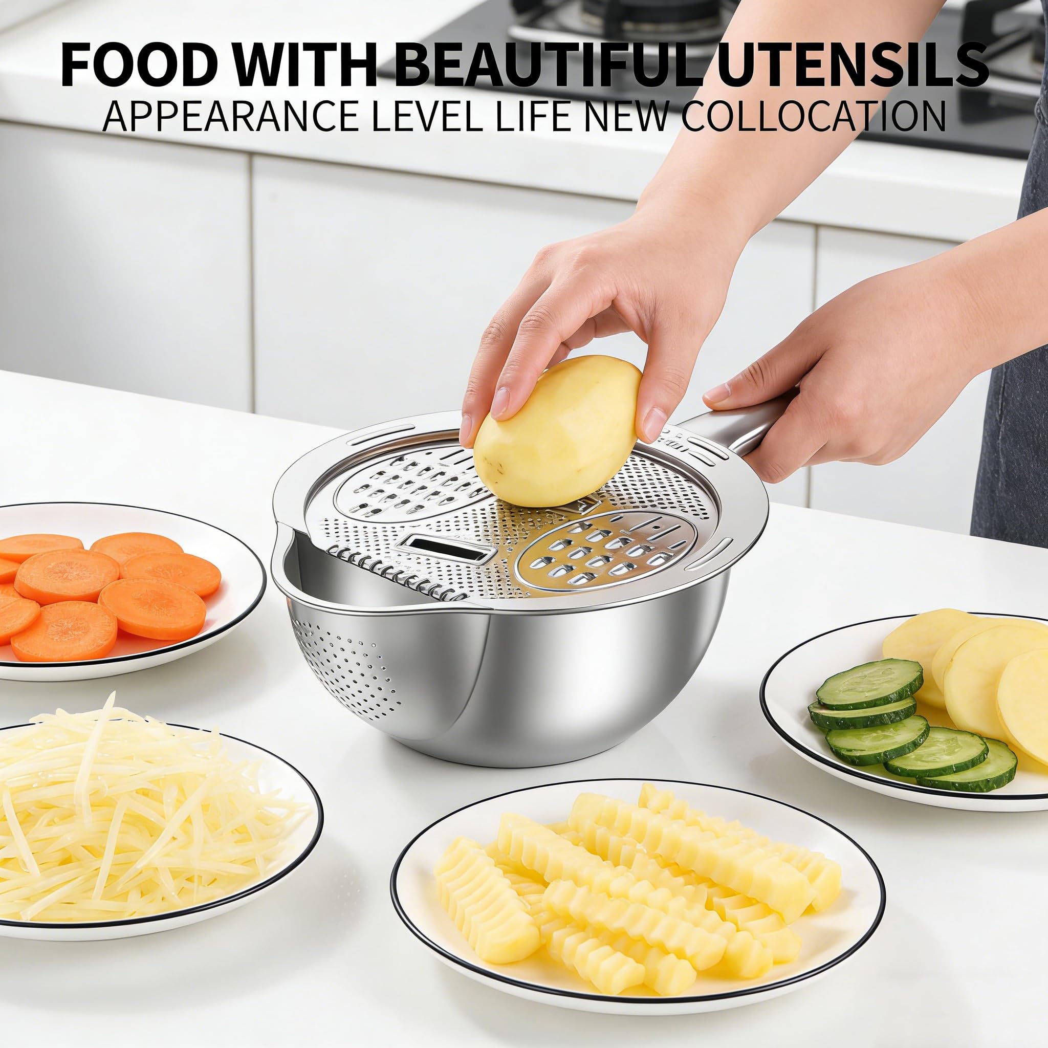 Modern Homes Kitchen Tool - Lavadora de arroz, colador de acero con rallador para drenar agua, cortar y rebanar, triturar arroz