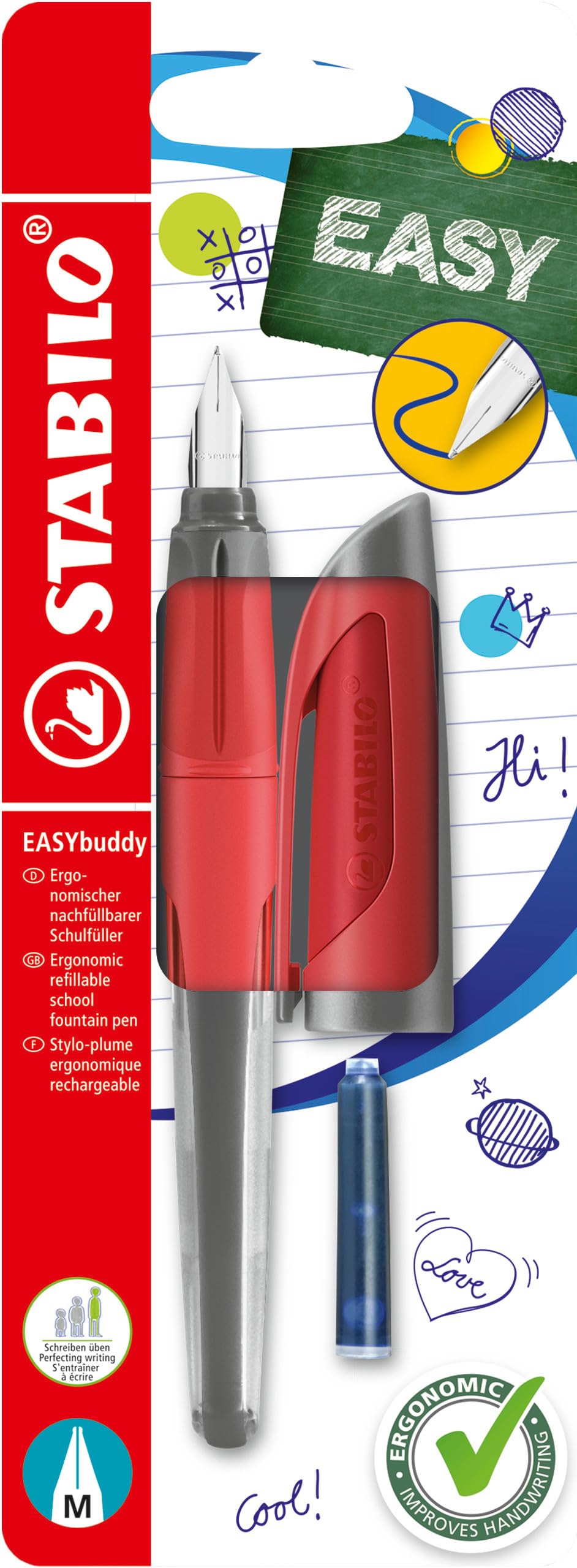 STABILO Ergonomic School Fountain Pen EASYbuddy - M Nib - Coral/Red