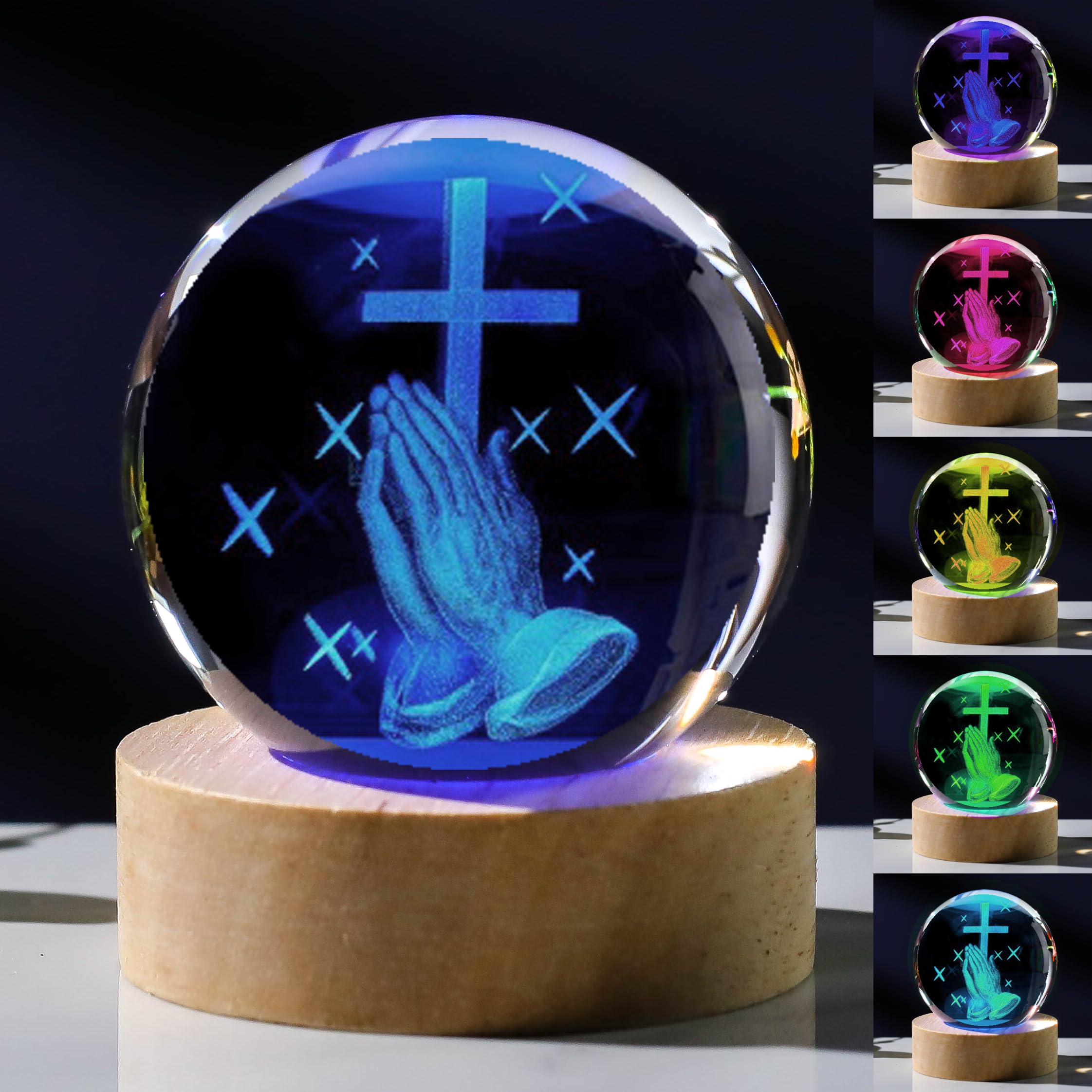 3D Crystal Cross Figurine with Colorful Light Base, Laser Engrave Praying Hands Religious Gifts for Women Man, Christian Gifts for Friend