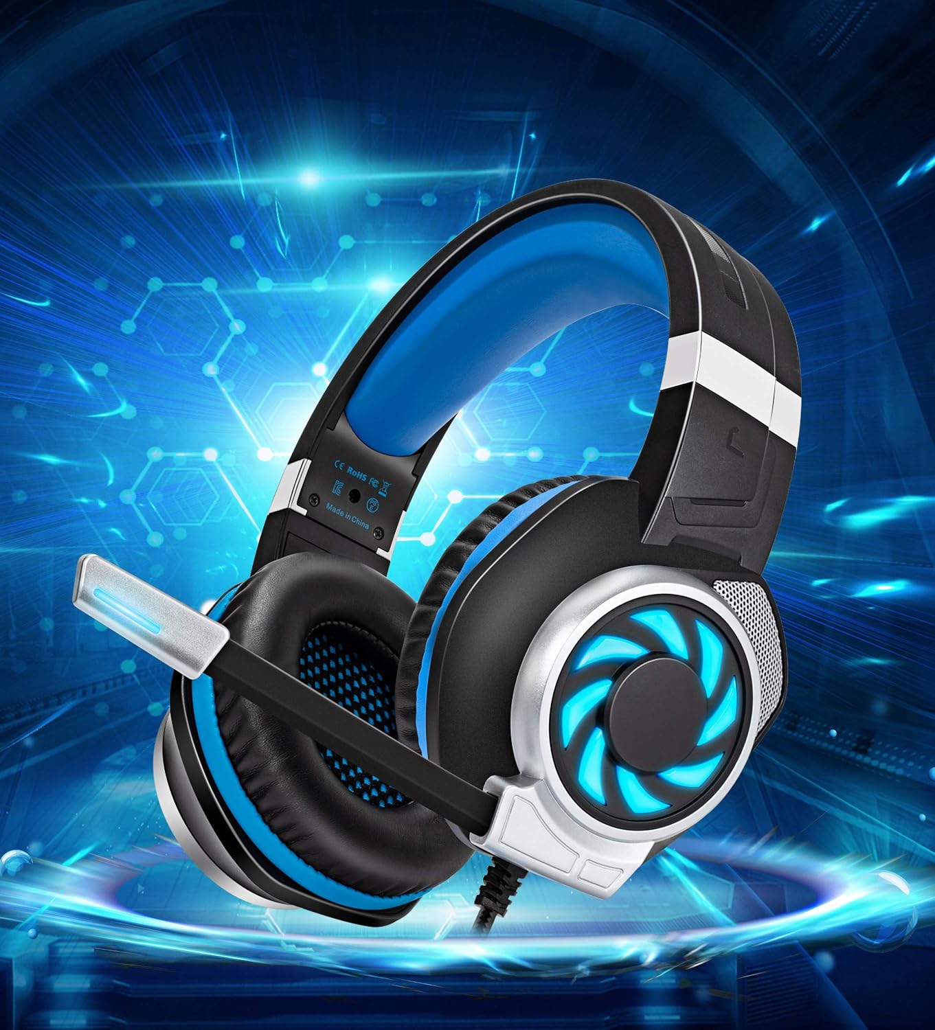 Stynice Gaming Headset for PC, PS4, Playstation 5, Xbox One, Laptop, Crystal Clear Sound Computer Gamer Headset with Noise Canceling Mic and LED Light - Lightweight Gamer Headphone (Blue)