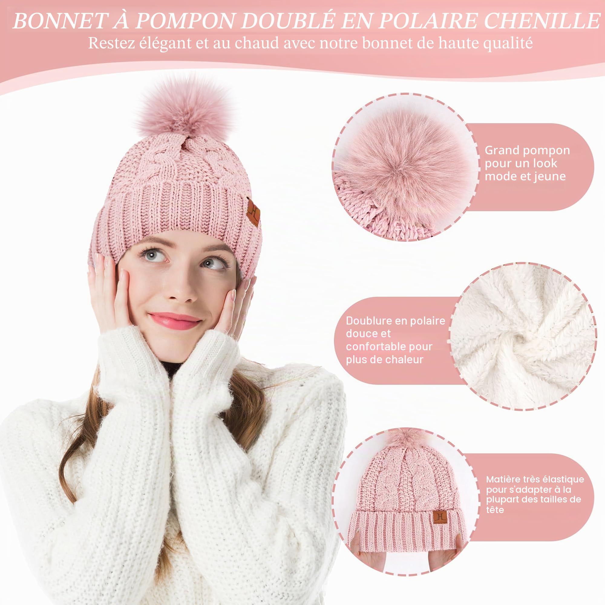 ZASFOU Femme Hiver Bonnet Chapeau Foulard Écran Tactile Gants Ensemble Chenille Pompon Tricot Polaire Doublé Casquette Écharpe Gant Cadeaux pour Femmes