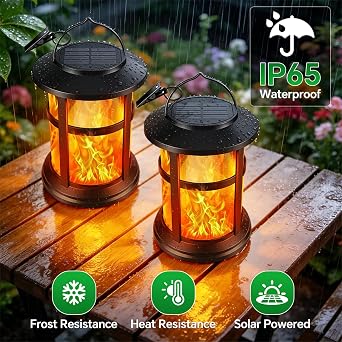 SCNNC Flickering Flame Solar Lantern Outdoor Garden Hanging Waterproof, 2 Modes Warm White Hanging Solar Lights Outdoor Garden Ornaments for Decoration Pathway Yard Patio Gift, Pack of 2 [Energy Class A]