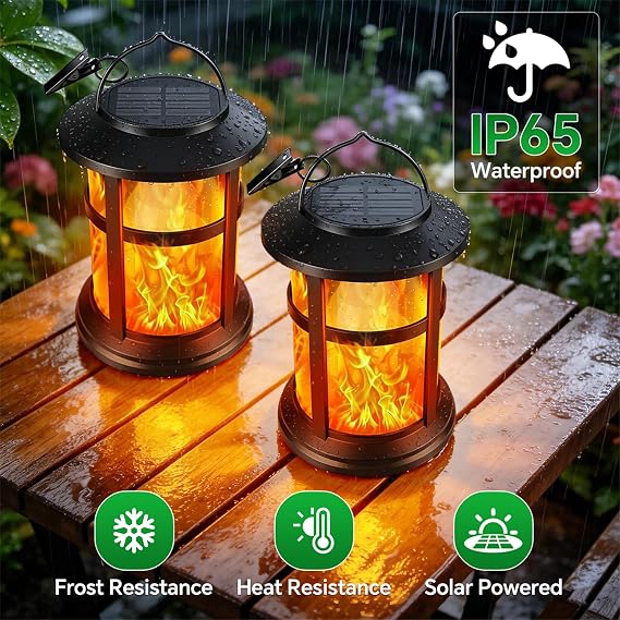 SCNNC Flickering Flame Solar Lantern Outdoor Garden Hanging Waterproof, 2 Modes Warm White Hanging Solar Lights Outdoor Garden Ornaments for Decoration Pathway Yard Patio Gift, Pack of 2 [Energy Class A]