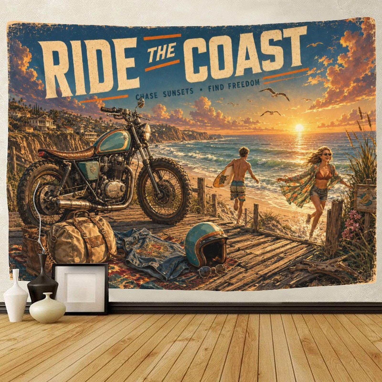 ASDFGHJKLZA Motorcycles And Beaches Wall Art Decor 3D Print Wall Tapestry Tapestries Poster Curtain Bedroom College Dorm 150cmx200cm