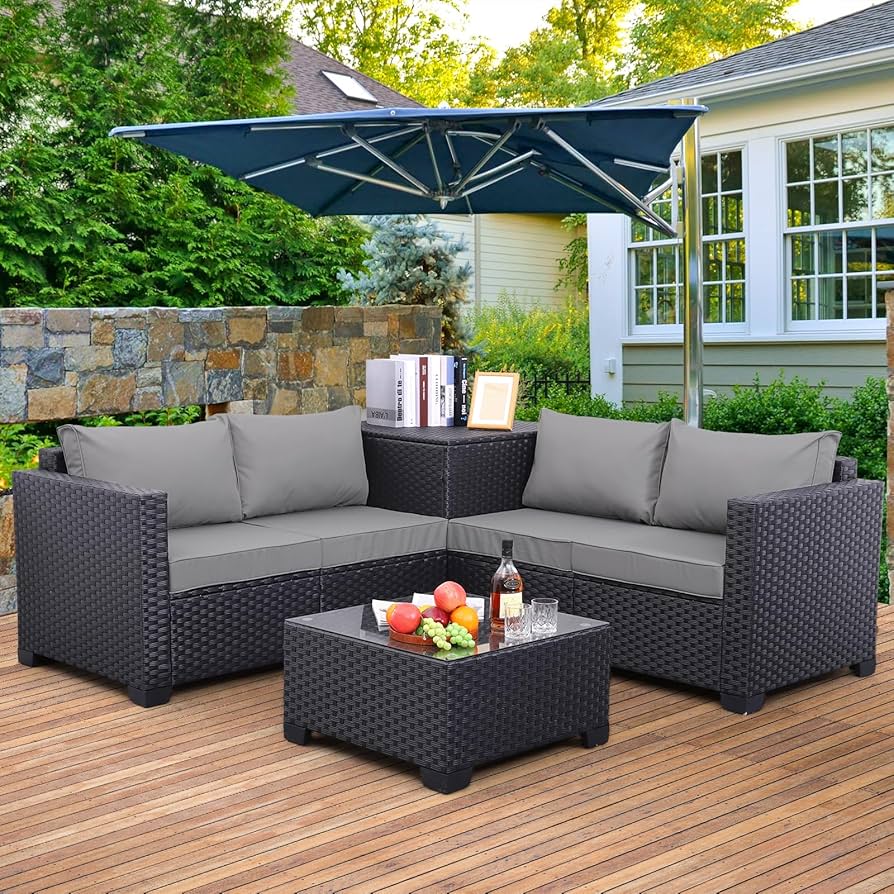 Panana Rattan Garden Furniture Set 4 Seater Wicker Patio Lounge Sofas Chairs Coffee Table Cushions Sectional Modular Combination For Outdoor Backyard Poolside (Black Wicker With Beige Cushions