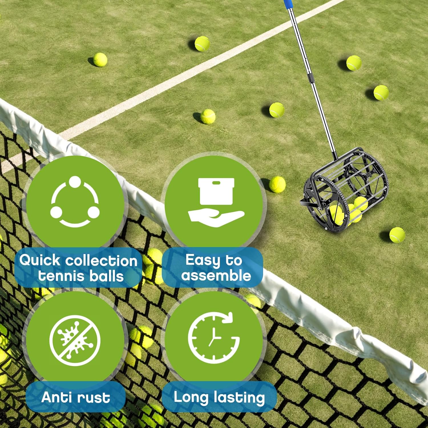 Gemscream Tennis Ball DinkBall Collector Roller, No Bending Over Quick Rolling Picker for 1.5"-3" Balls, Adjustable Golf Ball Retriever for up to 55 Tennis Balls, Large Capacity