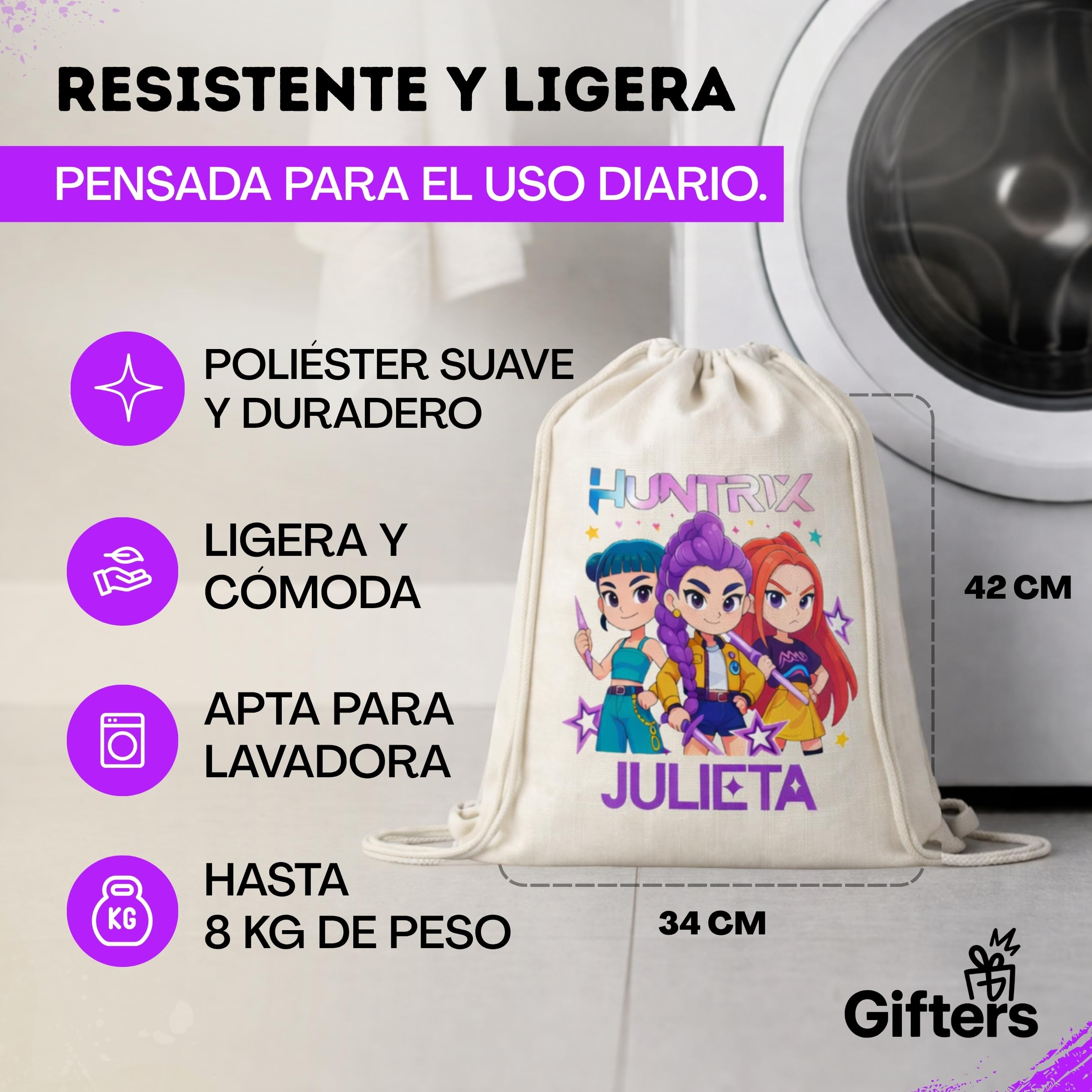 Gifters | Pack Mochila Cuerdas, Táper y Botella Personalizados con Nombre | Bolsa Tela 34 x 42 cm + Fiambrera + Botella Acero Inoxidable 750 ml | Guardería, Colegio, Excursiones y Educación Infantil