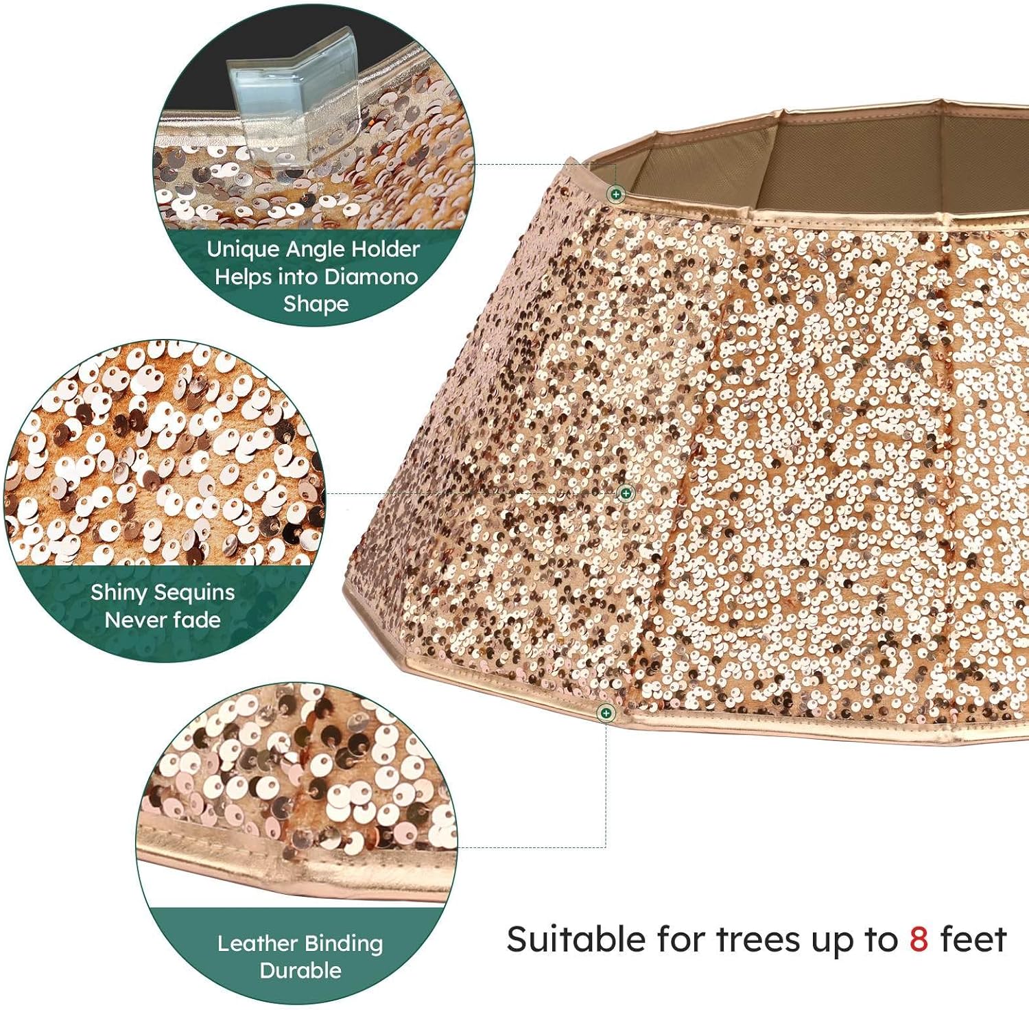 Dazzling Rose Gold Xmas Tree Collar & Skirt - 26" Foldable Diamond Sequined Christmas Tree Ring