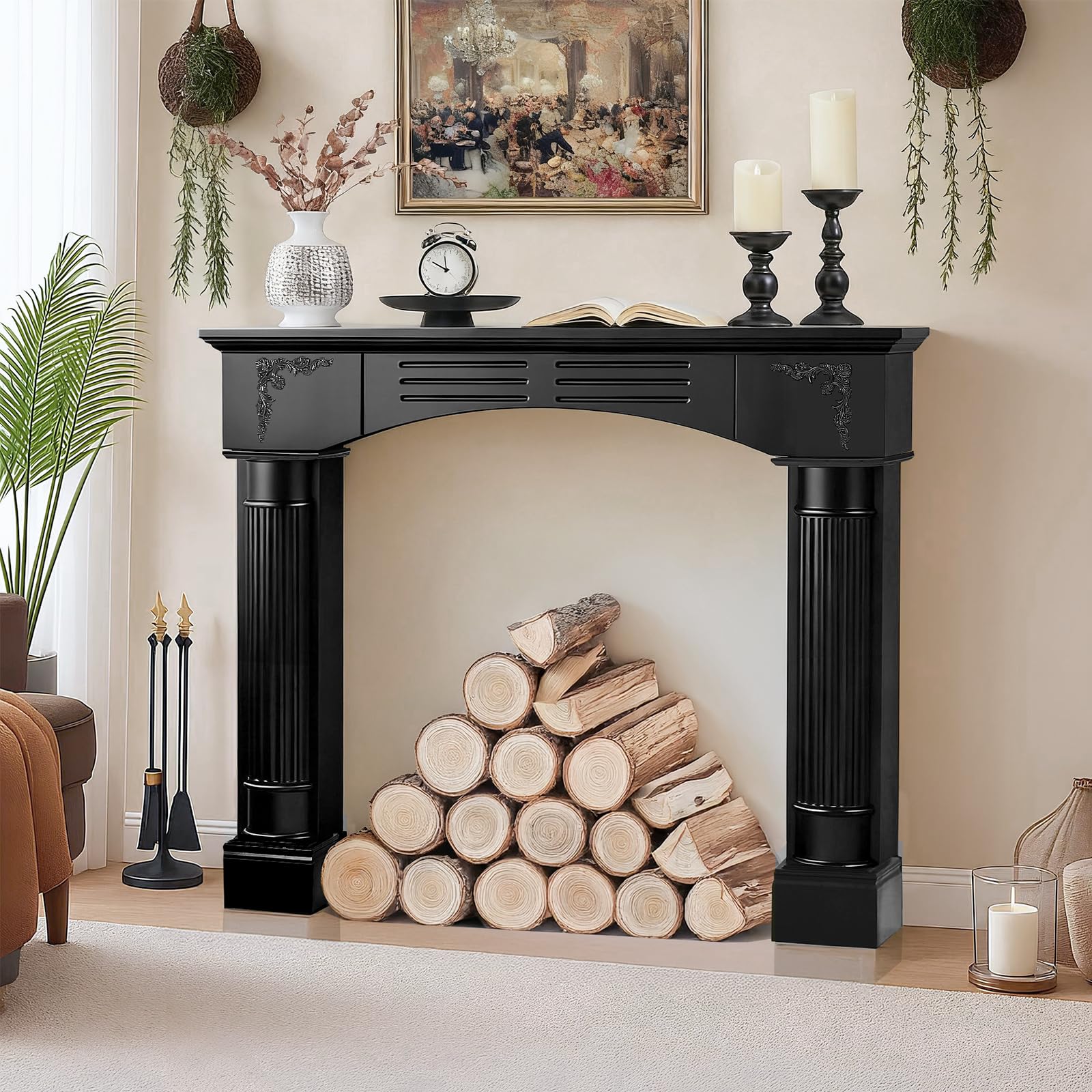 Black Fireplace Mantel, Rustic Freestanding Surround Mantel for Fireplace with Decorative Pattern, Wooden Mantle with Leg for Living Room, Anti-Tipping &amp; Waterproof, 43.3" W x 39.7" H