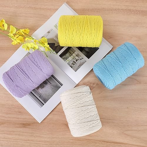 Miniatura 7 de Cordón de macramé de 0.118in x 328 yardas, cuerda de macramé de algodón 100 % natural, cordón de algodón trenzado de 4 hebras para manualidades,