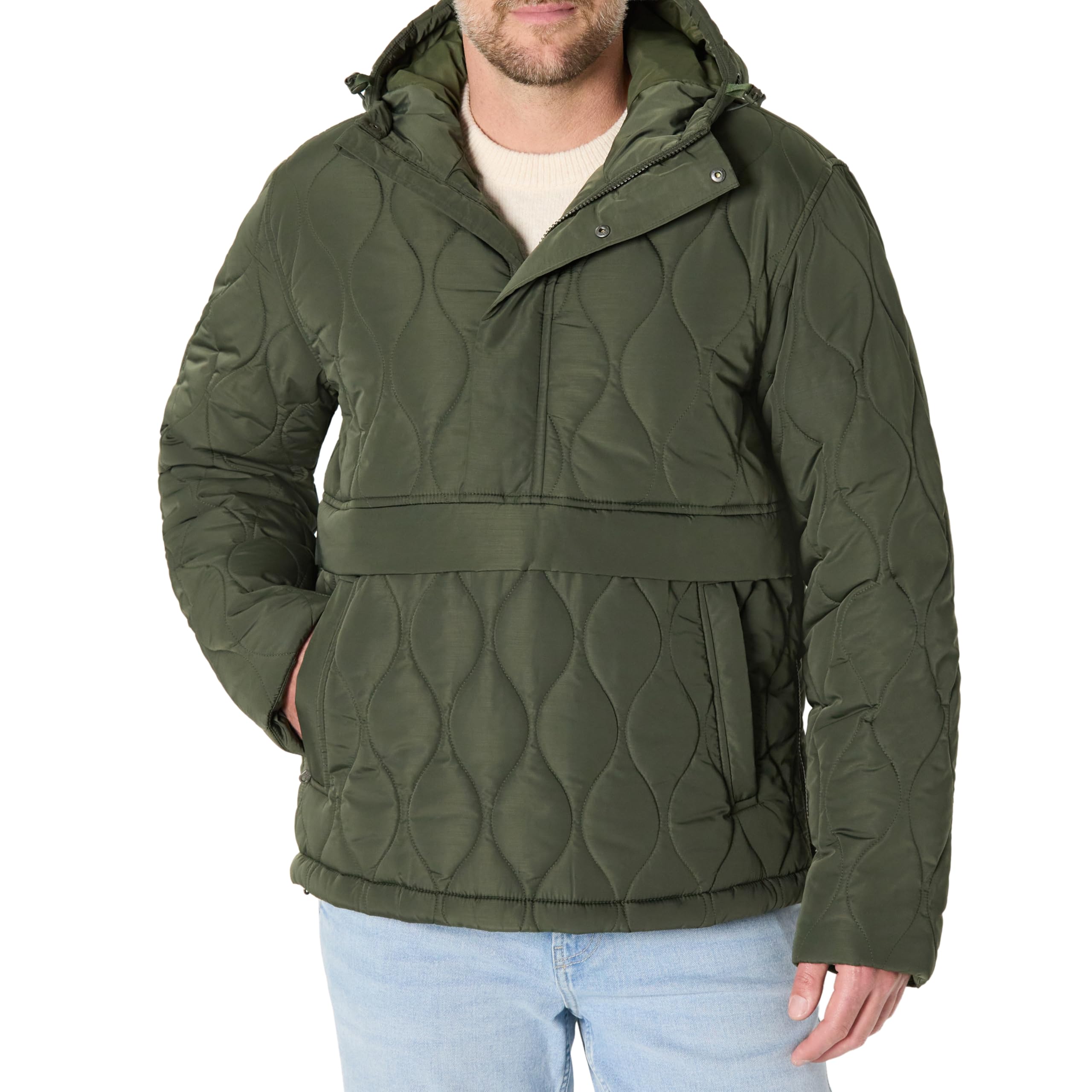 Amazon Essentials Men's Insulated Water-Resistant Hooded Quarter-Zip Puffer Coat, Dark Olive, XL