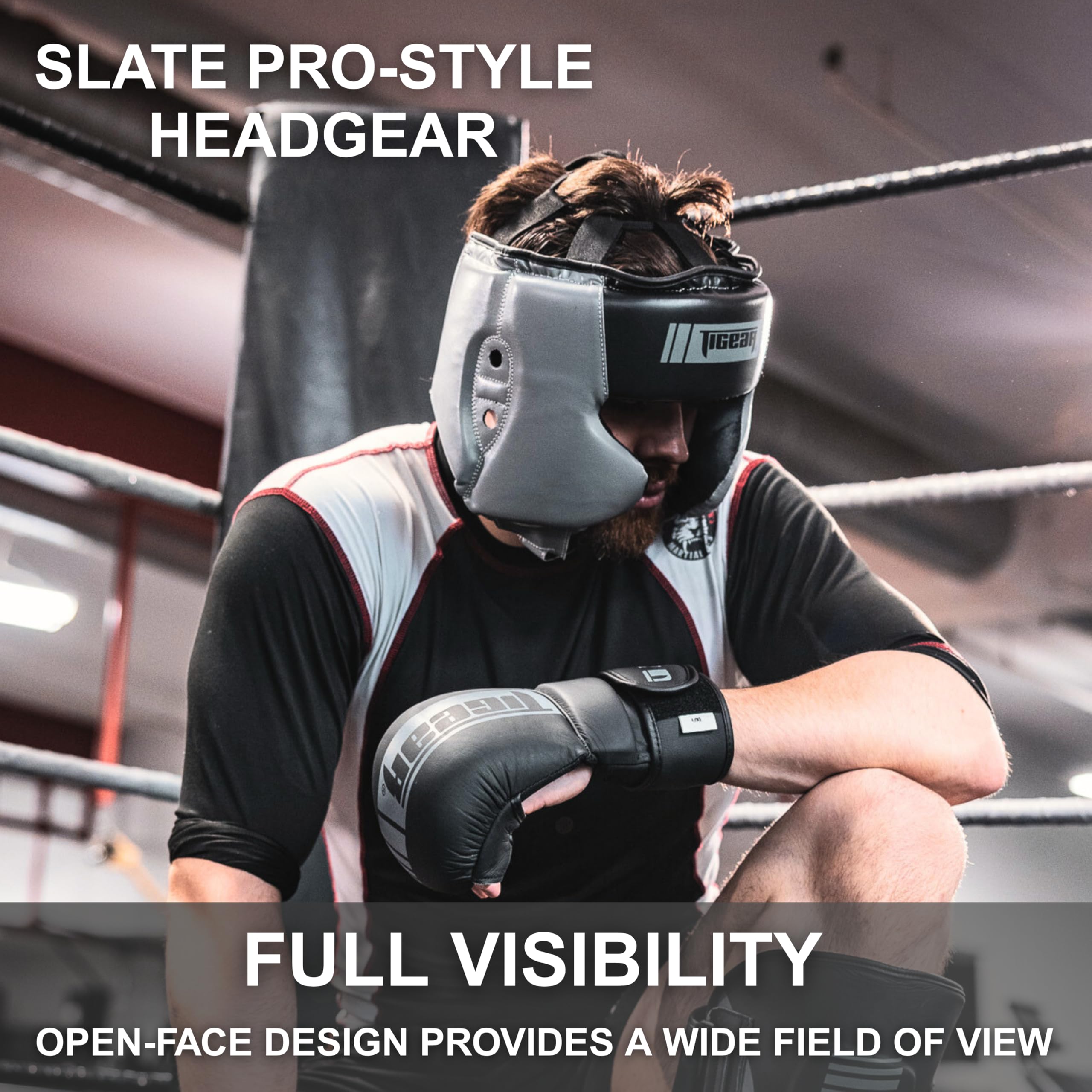 TIGEAR Slate Pro-Style Boxing Headgear | Open-Face MMA Headgear for Sparring, Muay Thai, Kickboxing, and Martial Arts | Lightweight, Maximum Visibility, Moisture-Wicking Liner (S/M)