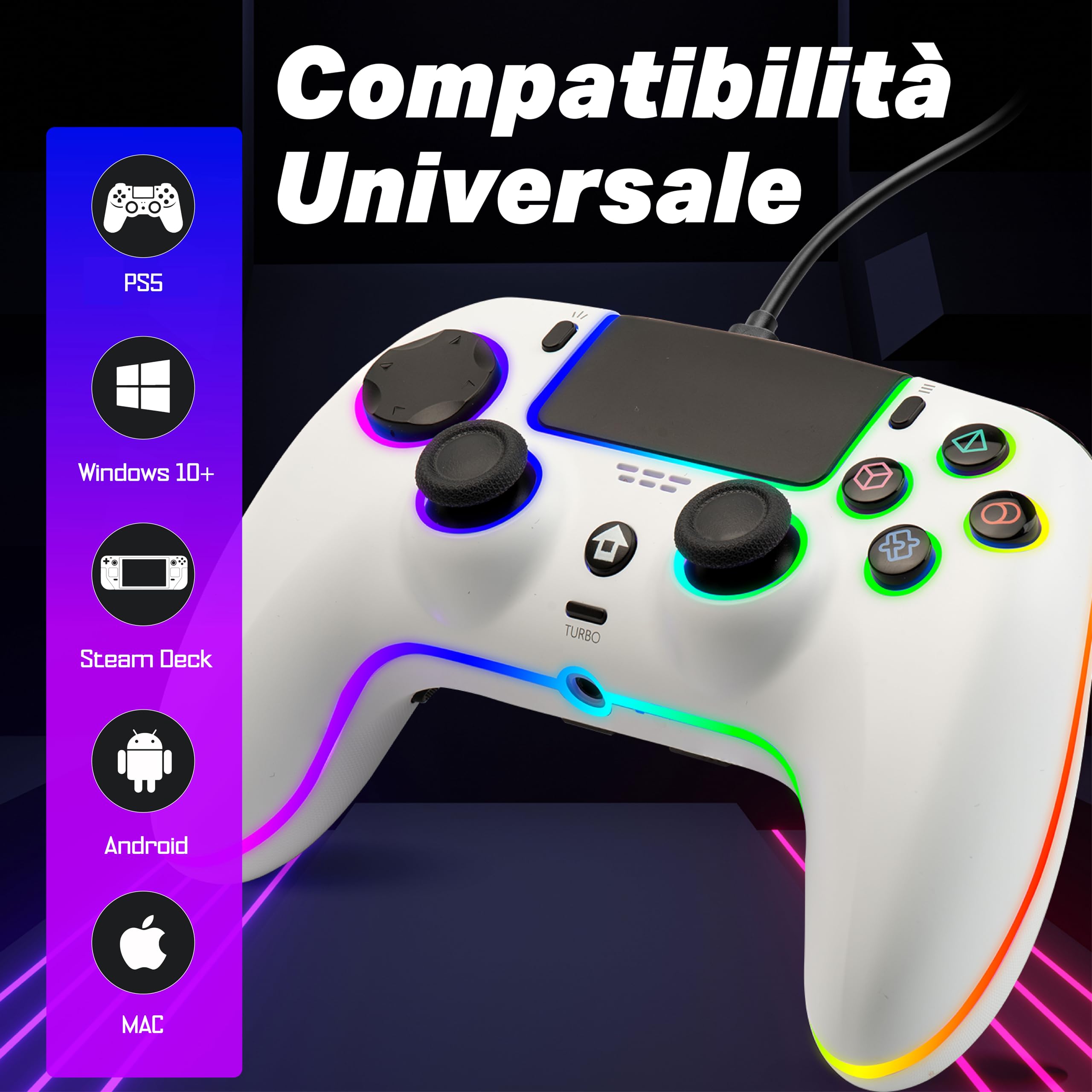 NITHO NOVA Controller Cablato Compatibile con PS5/PC/MAC/Android, Gamepad con Effetto Hall/Paddles Programmabili/Turbo/Giroscopio 6 Assi/Doppia Vibrazione/Touchpad/Illuminazione RGB/Jack Audio