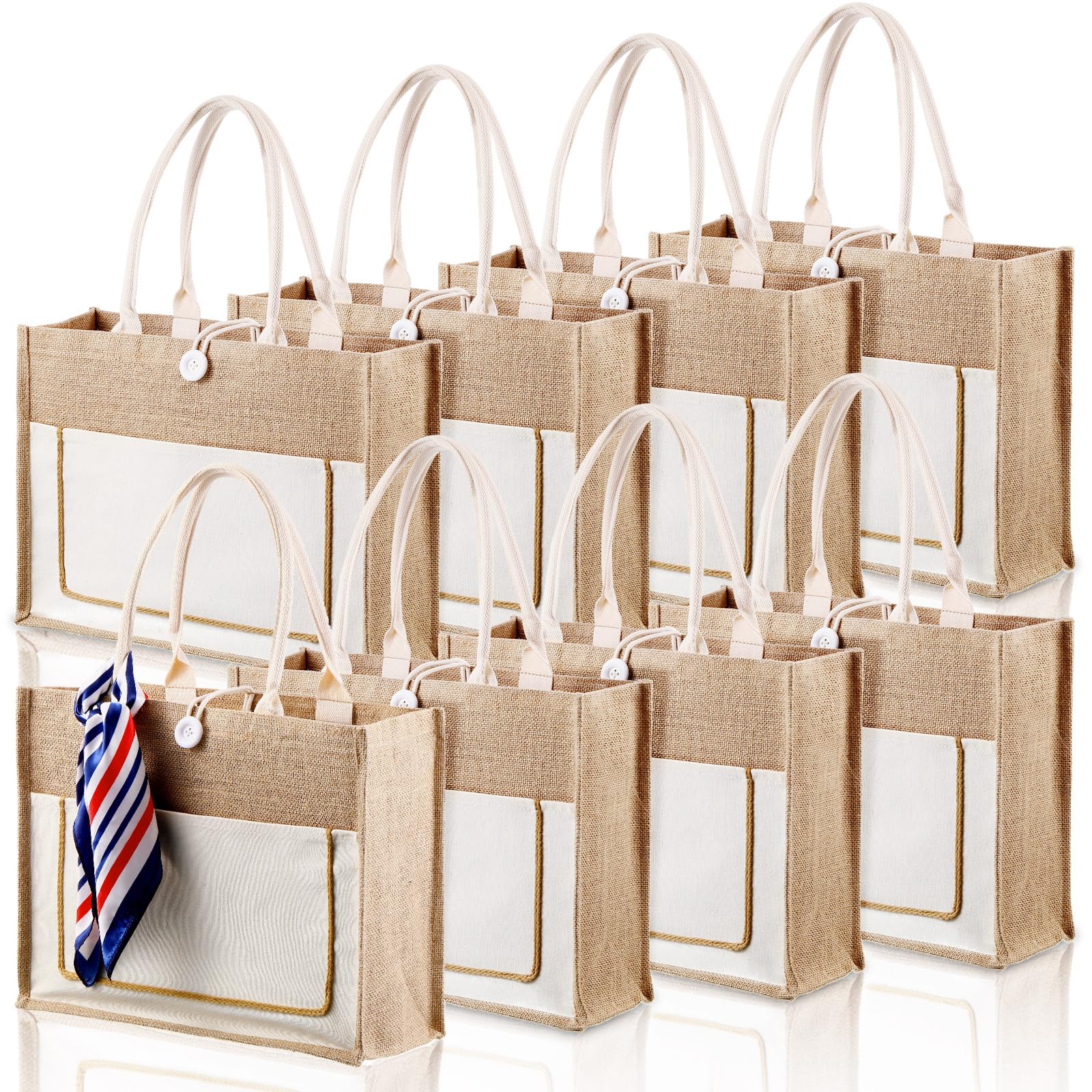 Reginary 8 Pcs Burlap Tote Bags Bulk Large Jute Tote with Handles Reusable Canvas Gift Bags for Wedding Travel