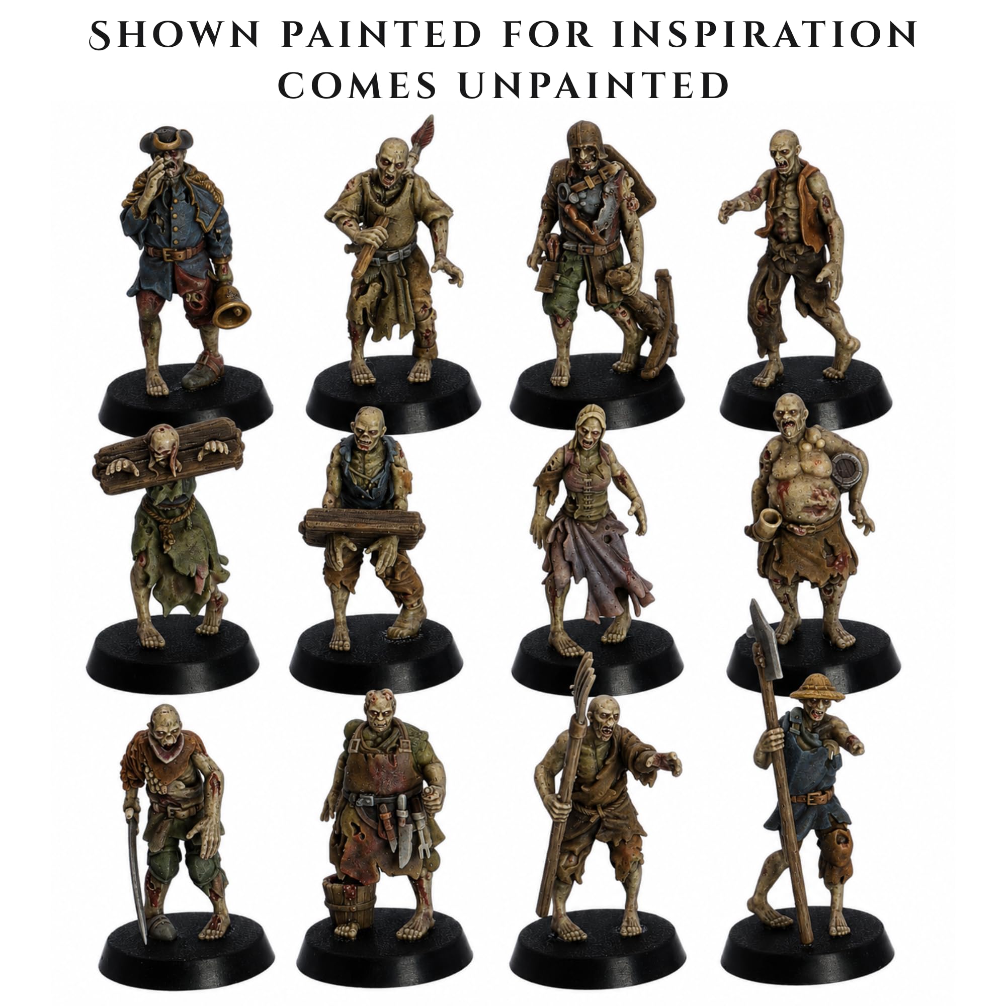 Zombie Villagers Ensemble miniature – 12 modèles de morts-vivants pour RPG de table et jeux de guerre | Monstres d'Halloween à l'échelle de 32 mm | DnD, armée nécromancienne, horde morts-vivants |